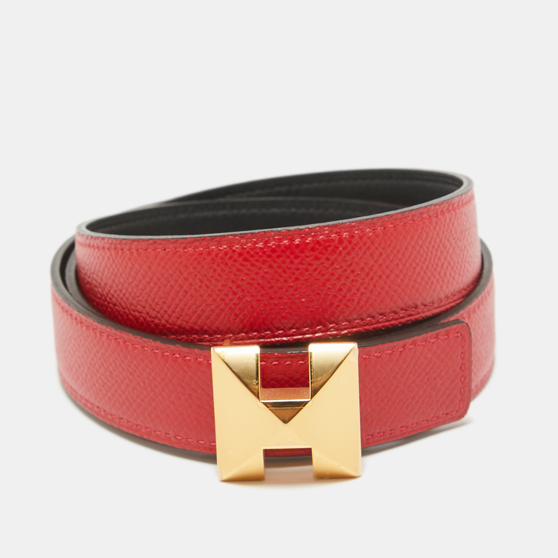 

Hermes Noir/Rouge Casaque Swift and Epsom Leather Medor H Buckle Belt, Black