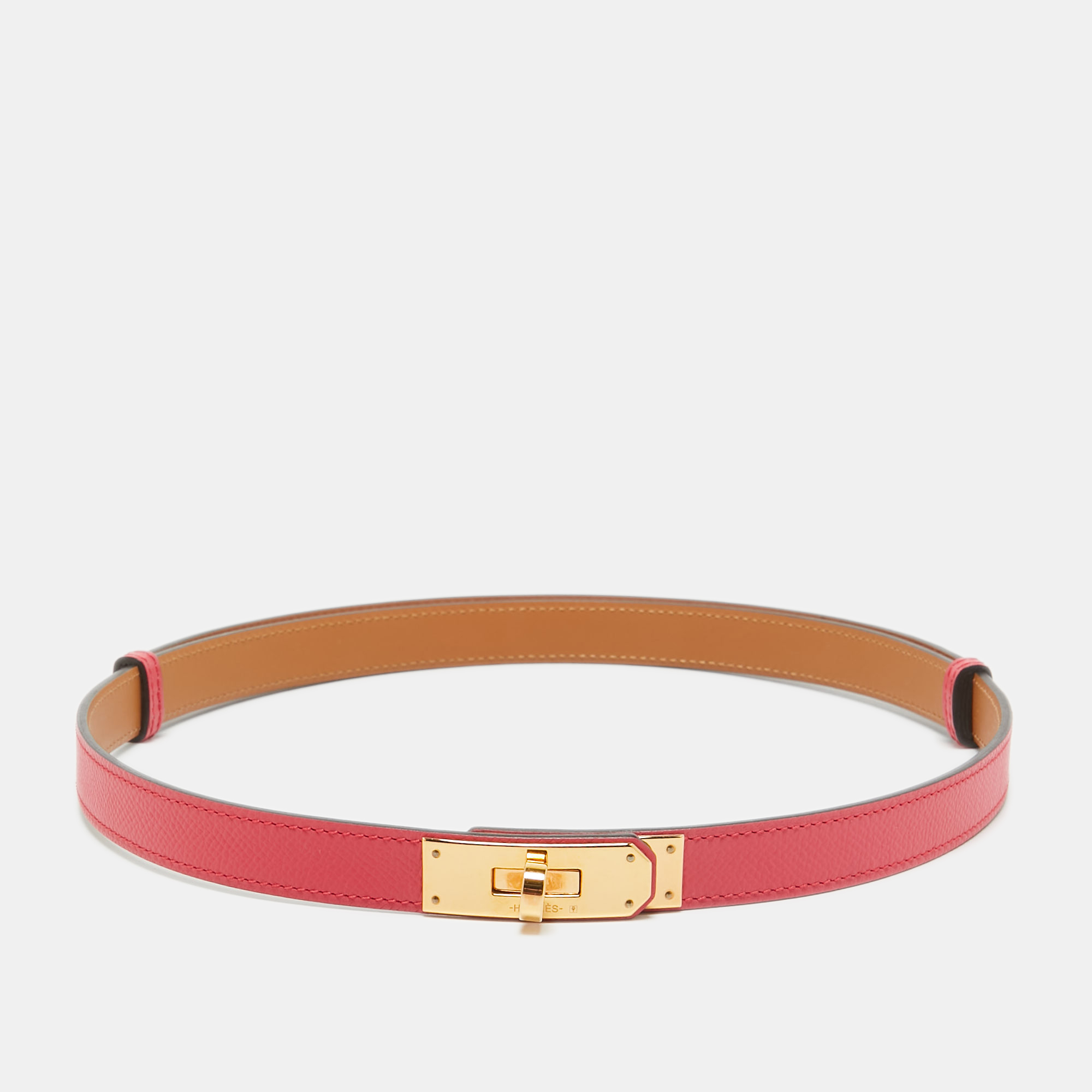 

Hermes Rose Extreme Epsom Leather Gold Tone Finish Kelly 18 Adjustable Belt, Pink