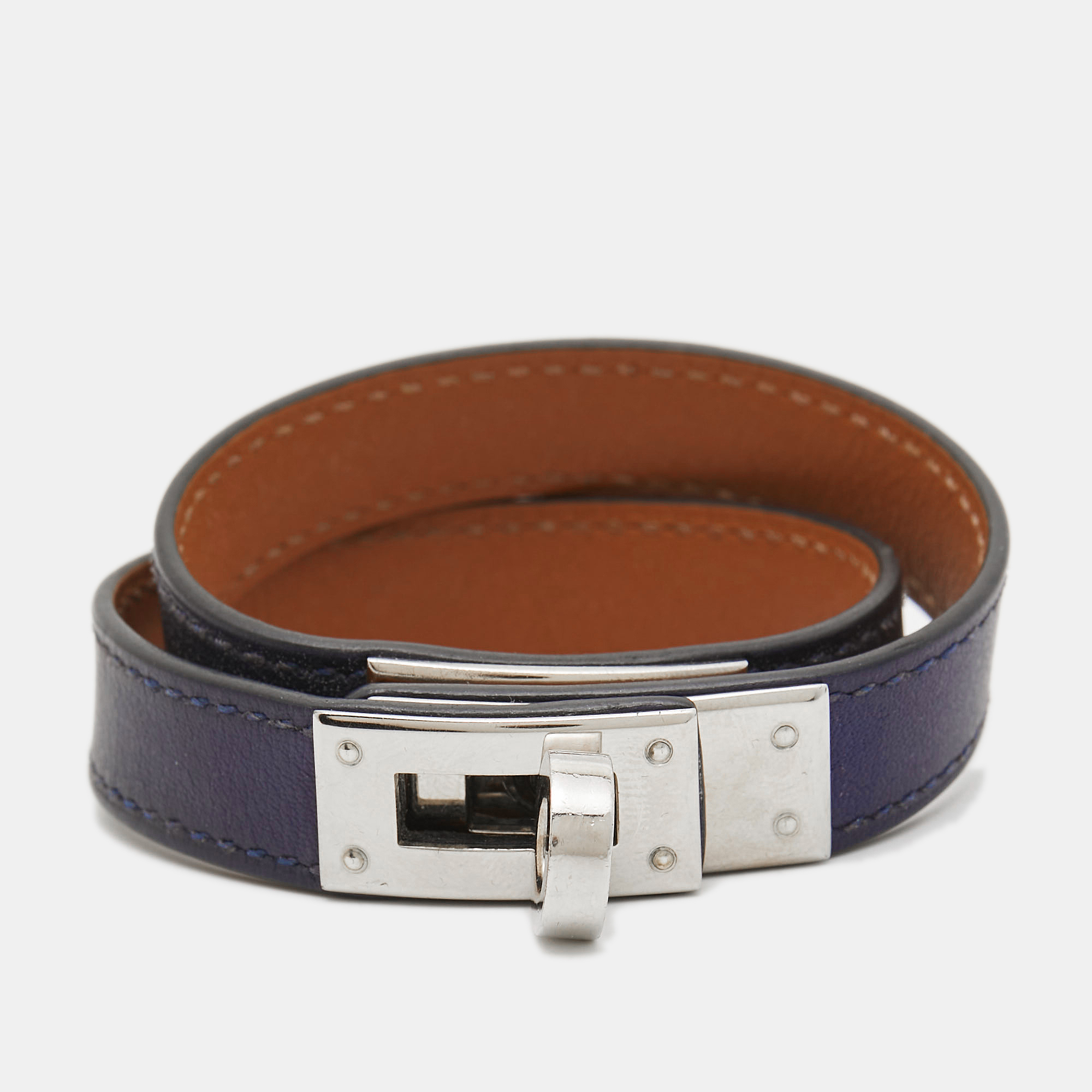 

Hermes Kelly Navy Blue Leather Palladium Plated Double Wrap Bracelet