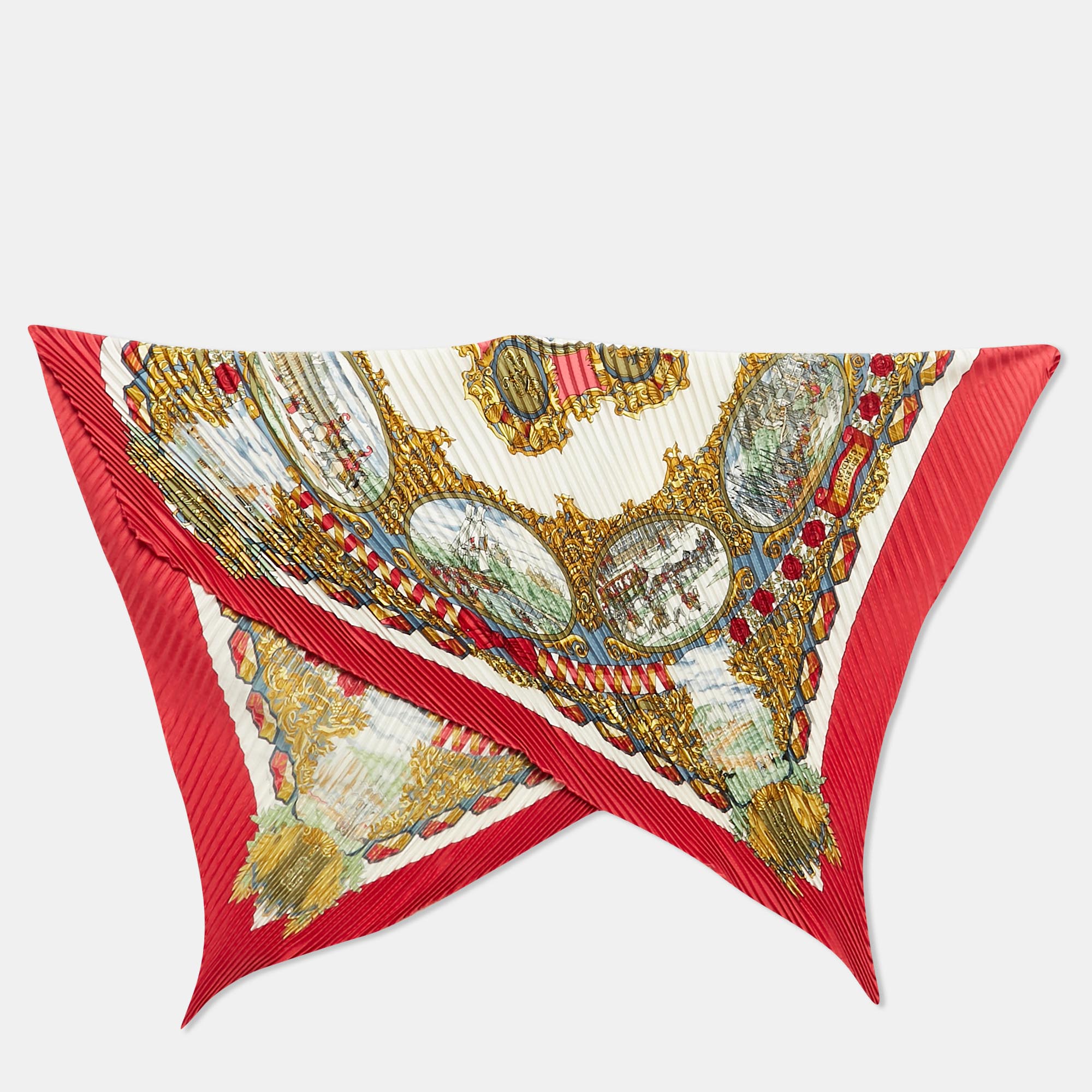 

Hermes Red L'Entente Cordiale Silk Plissé Scarf