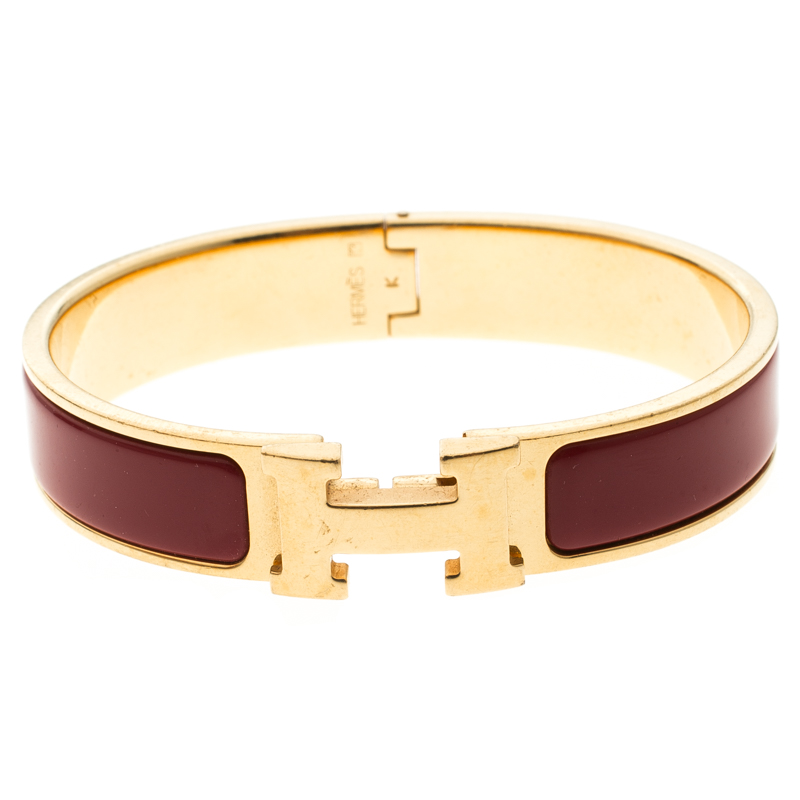 Pre Owned Hermes Clic Clac H Narrow Red Enamel Gold Plated Bracelet PM