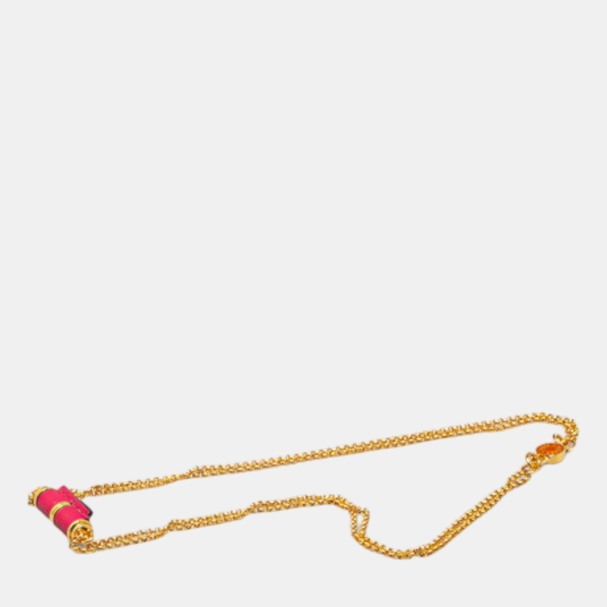Hermes Charnieres Necklace Gold Pink Leather 