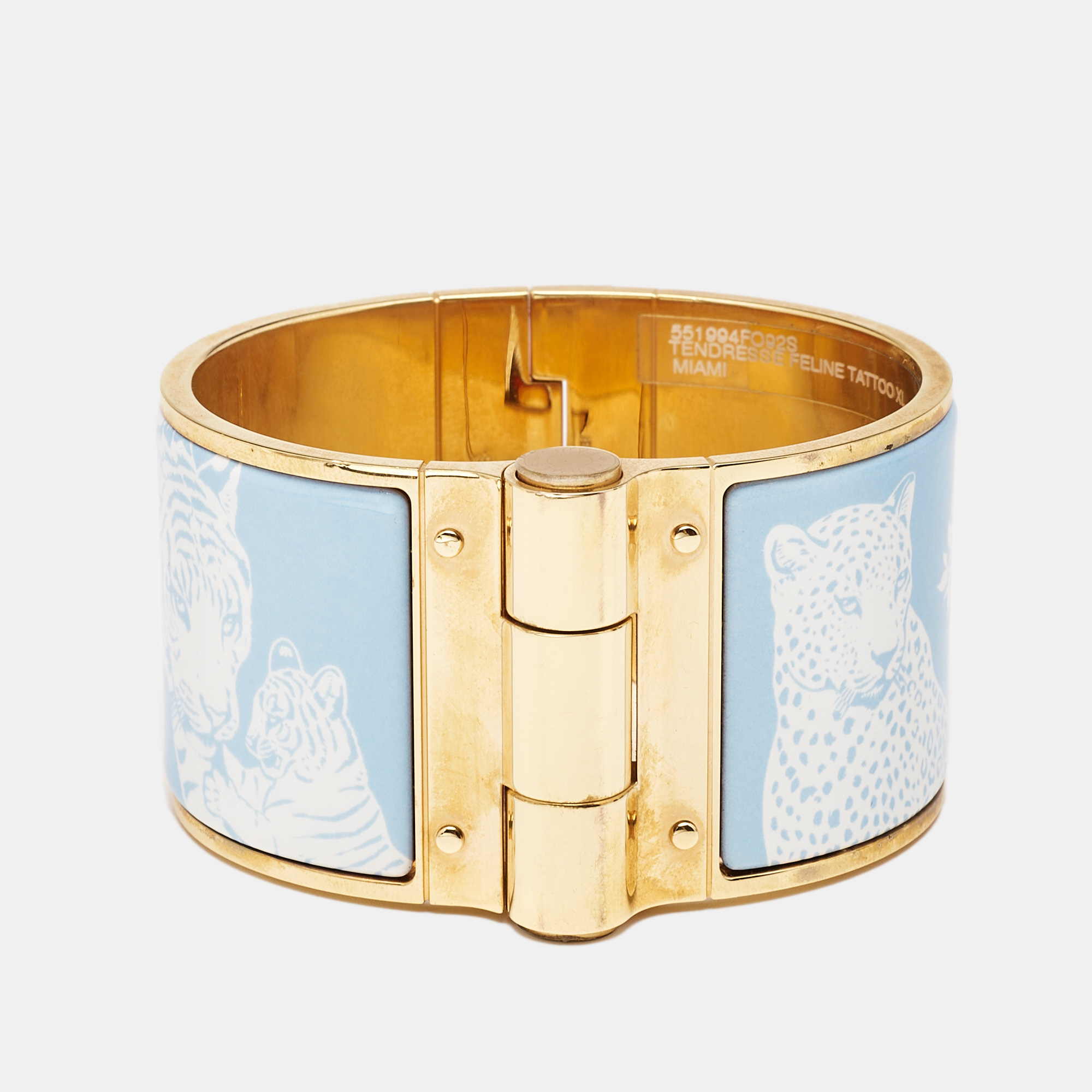 

Hermès Tendresse Feline Tattoo Enamel Gold Plated Extra Wide Hinged Bangle Bracelet