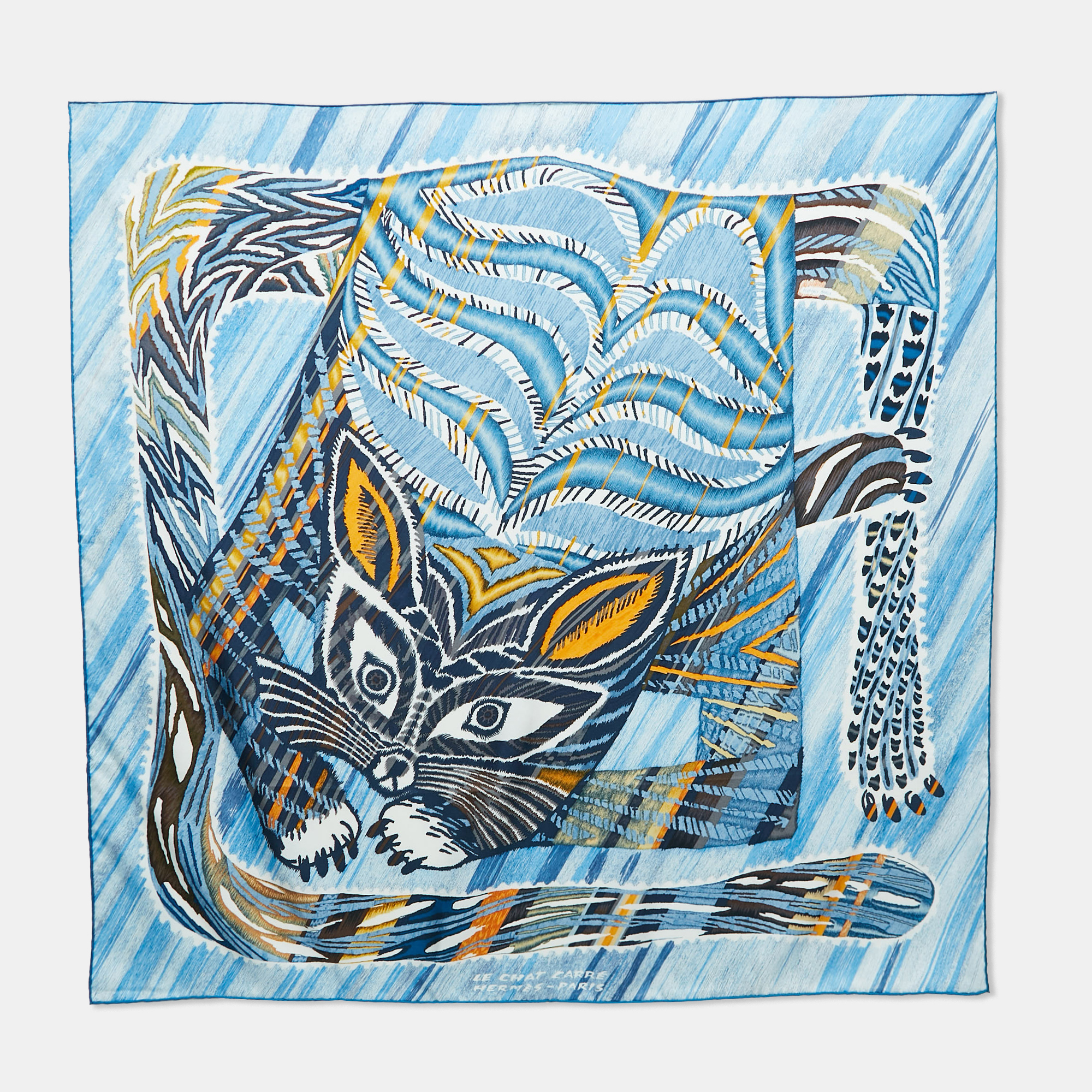 

Hermès Blue Silk Blanc Le Chat Carre Scarf