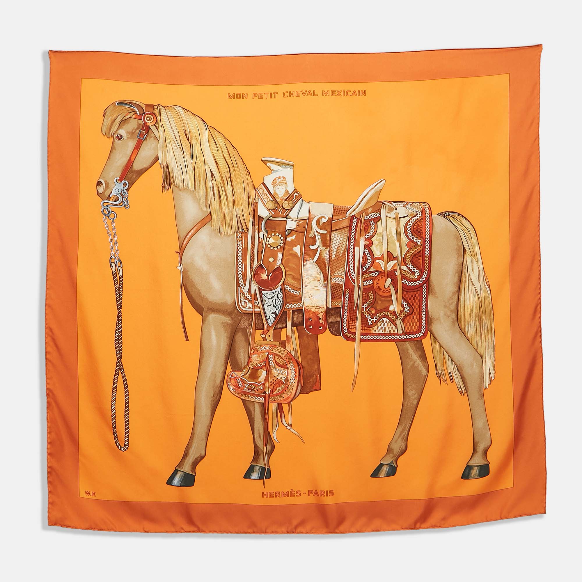 

Hermès Orange Mun Petit Cheval Mexican Silk Scarf