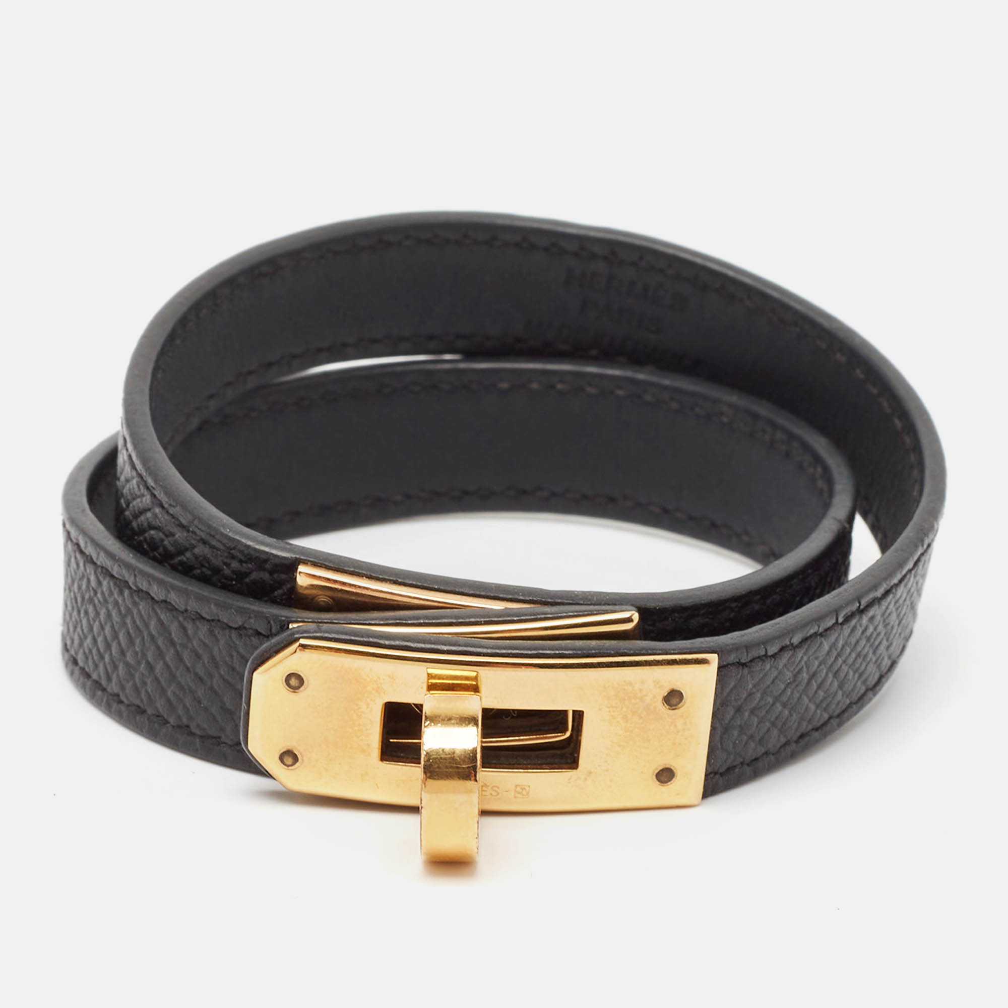 

Hermès Kelly Double Tour Leather Gold Plated Wrap Bracelet, Black