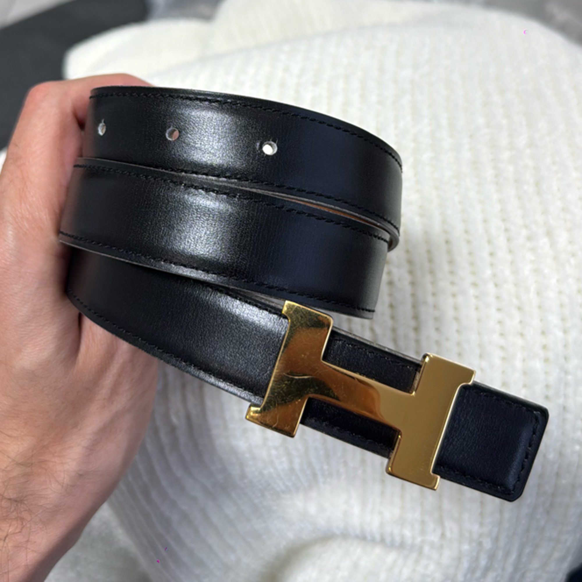 

Hermes Black Brown Gold Leather Mini Constance Reversible Belt