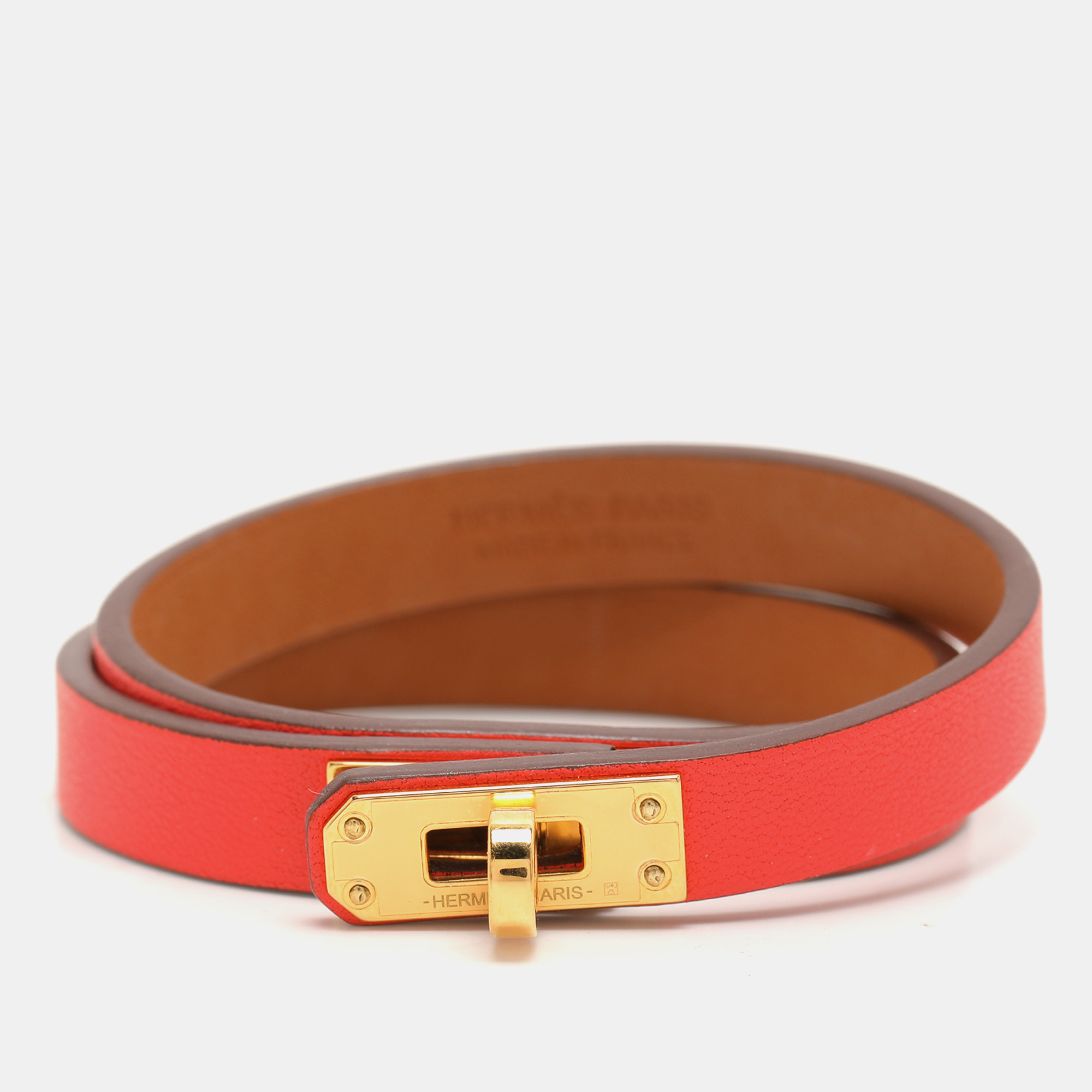 

Hermes Coral Pink Leather Kelly Double Tour Wrap Bracelet