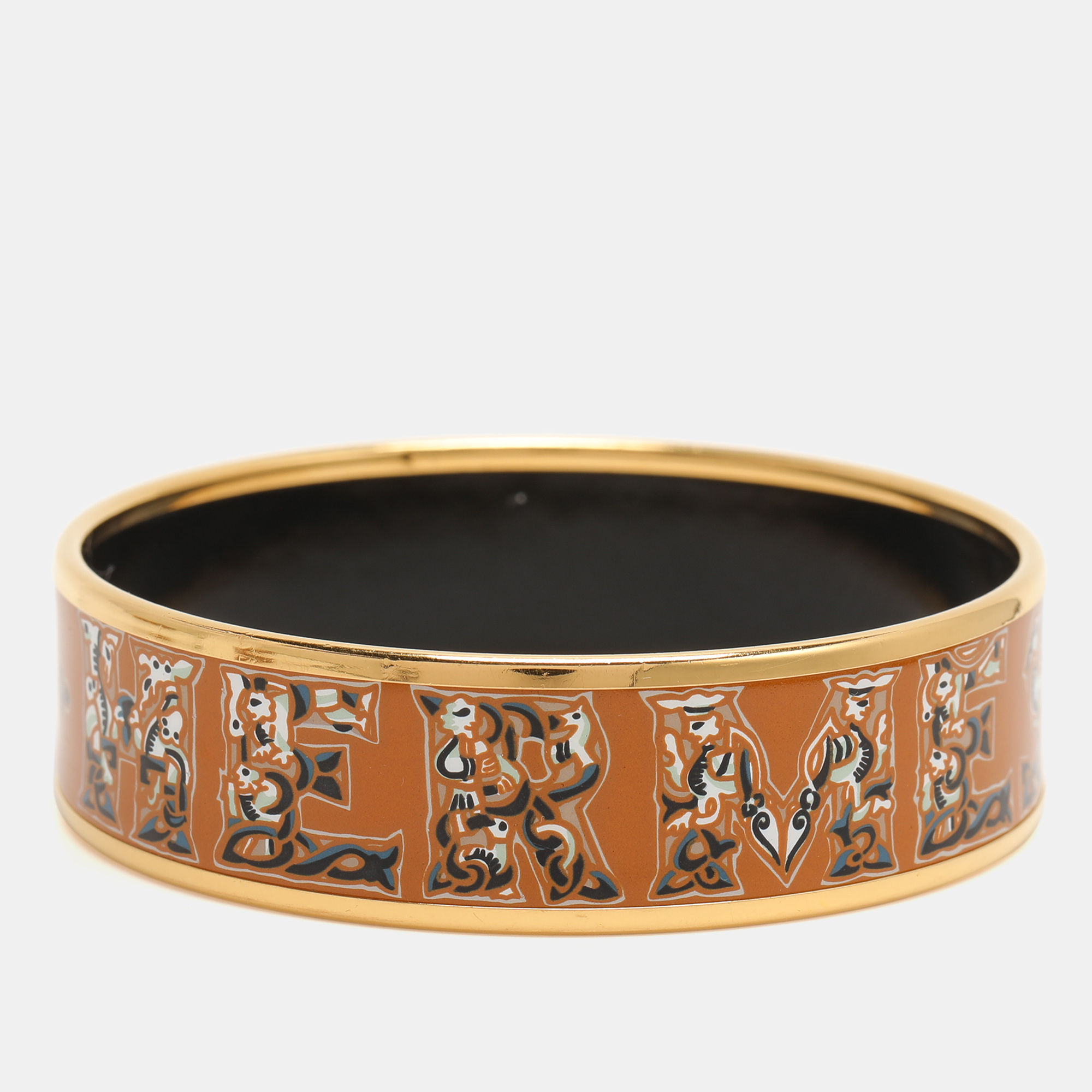 

Hermes Brown Alphabet Russe Enamel Gold Plated Wide Bangle Bracelet