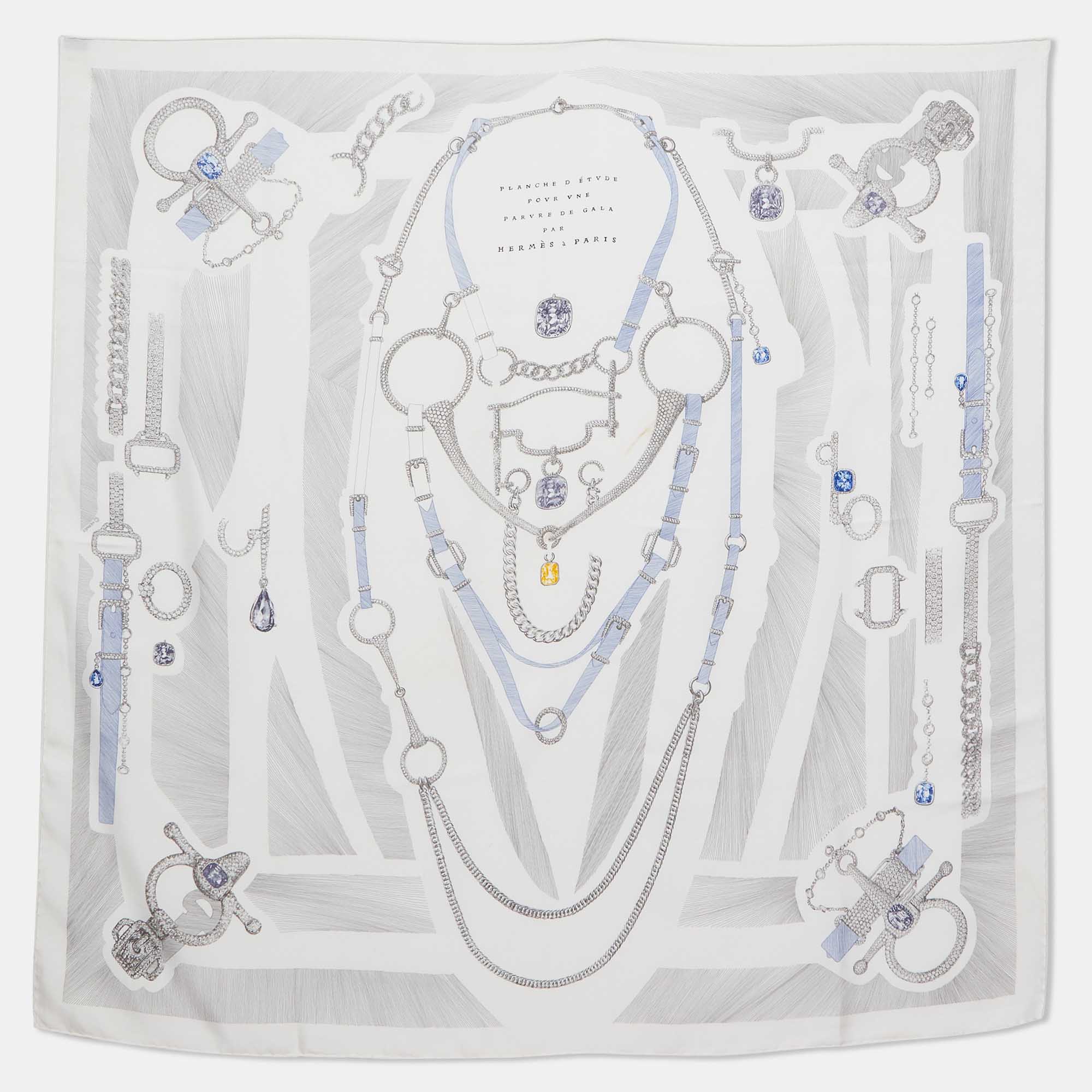 

Hermes White Planche d'Etude Pour une Parure de Gala Silk Scarf