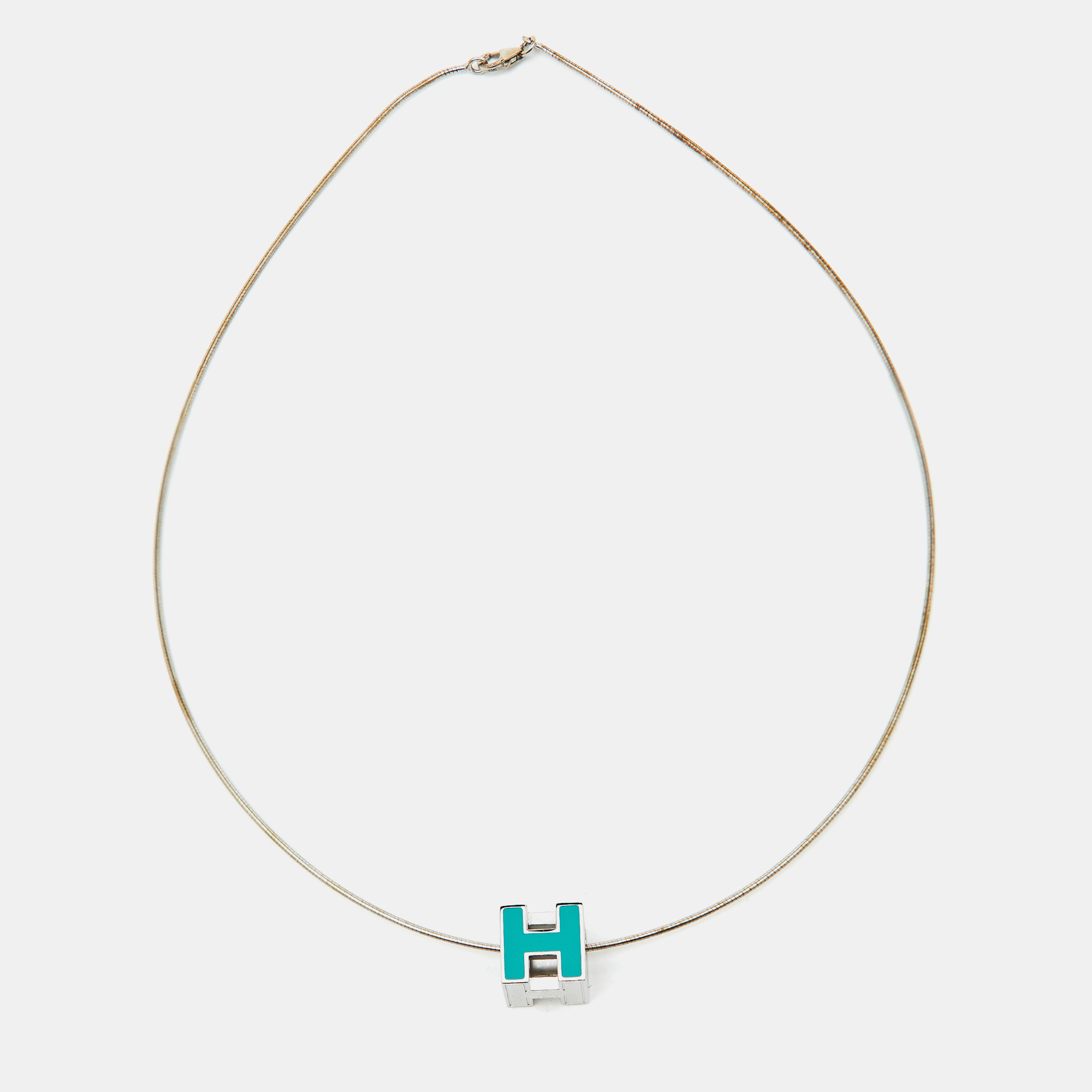 

Hermès Cage d'H Cyan Lacquered Palladium Plated Pendant Necklace, Silver