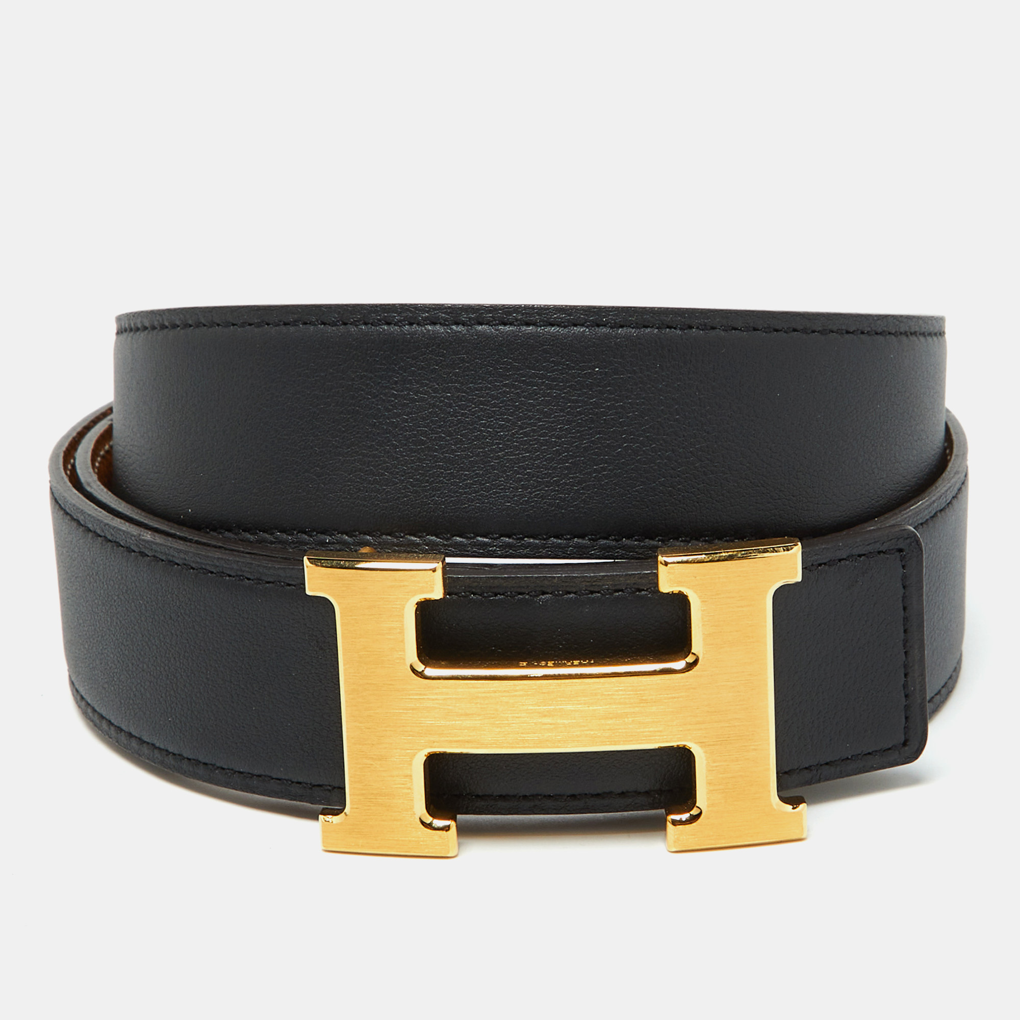 

Hermes Black/Gold Swift and Epsom Leather Constance Reversible Belt