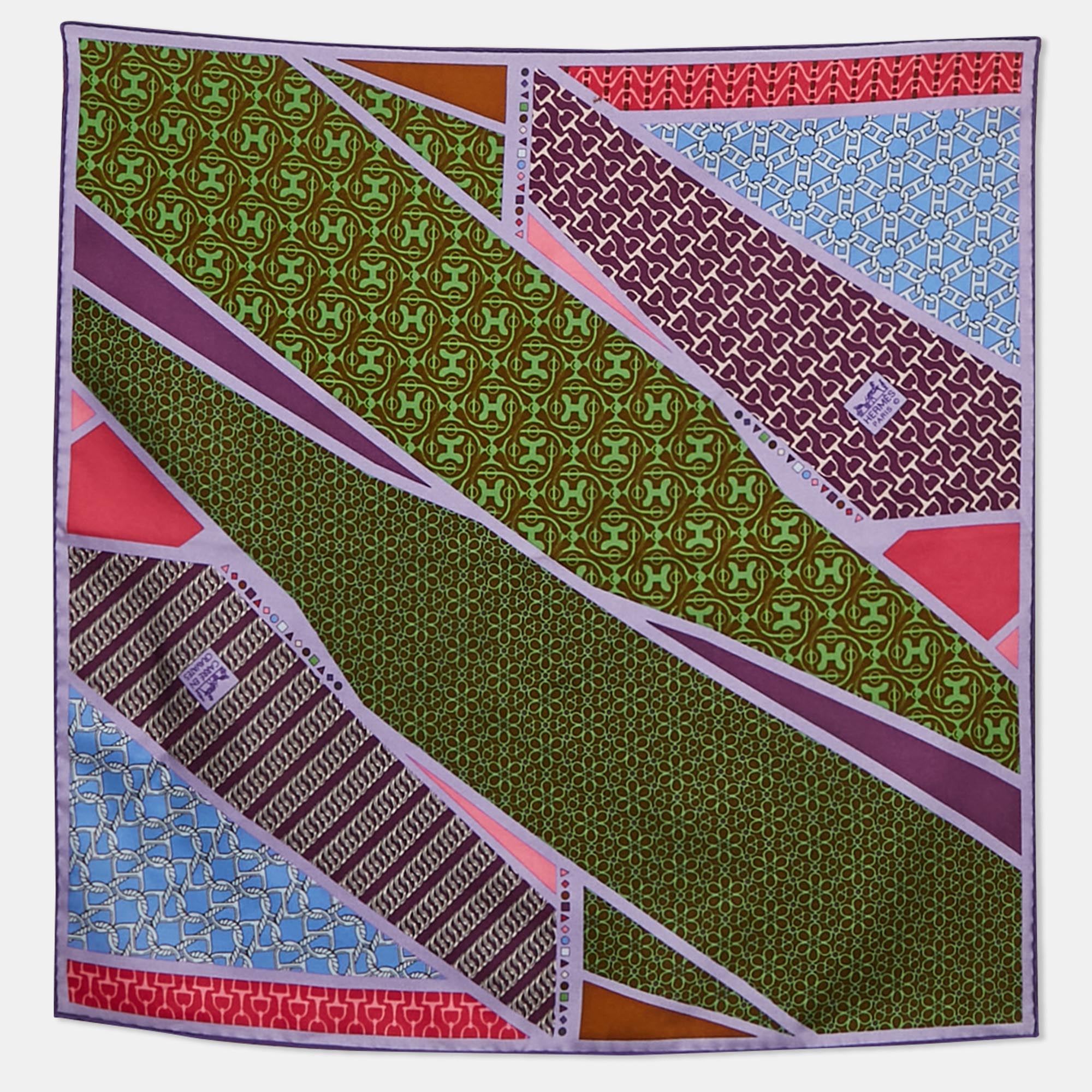 

Hermès Green/Purple Silk 'Carre En Cravates' Square Scarf