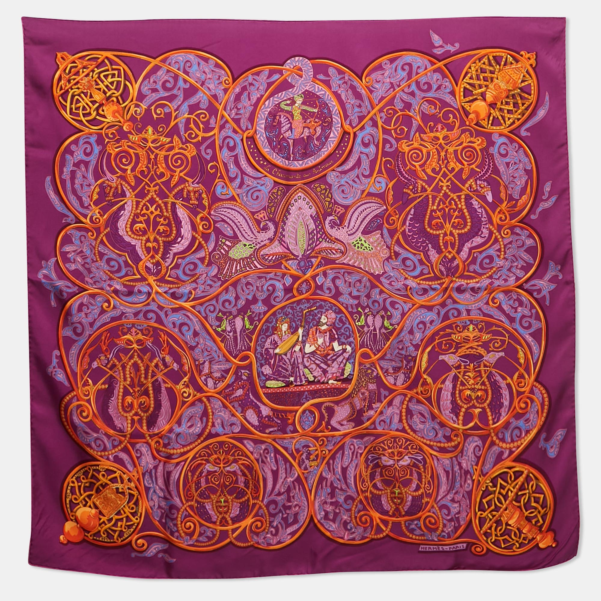 

Hermès Purple/Orange Silk La Charmante Aux Animaux Annie Faivre Scarf