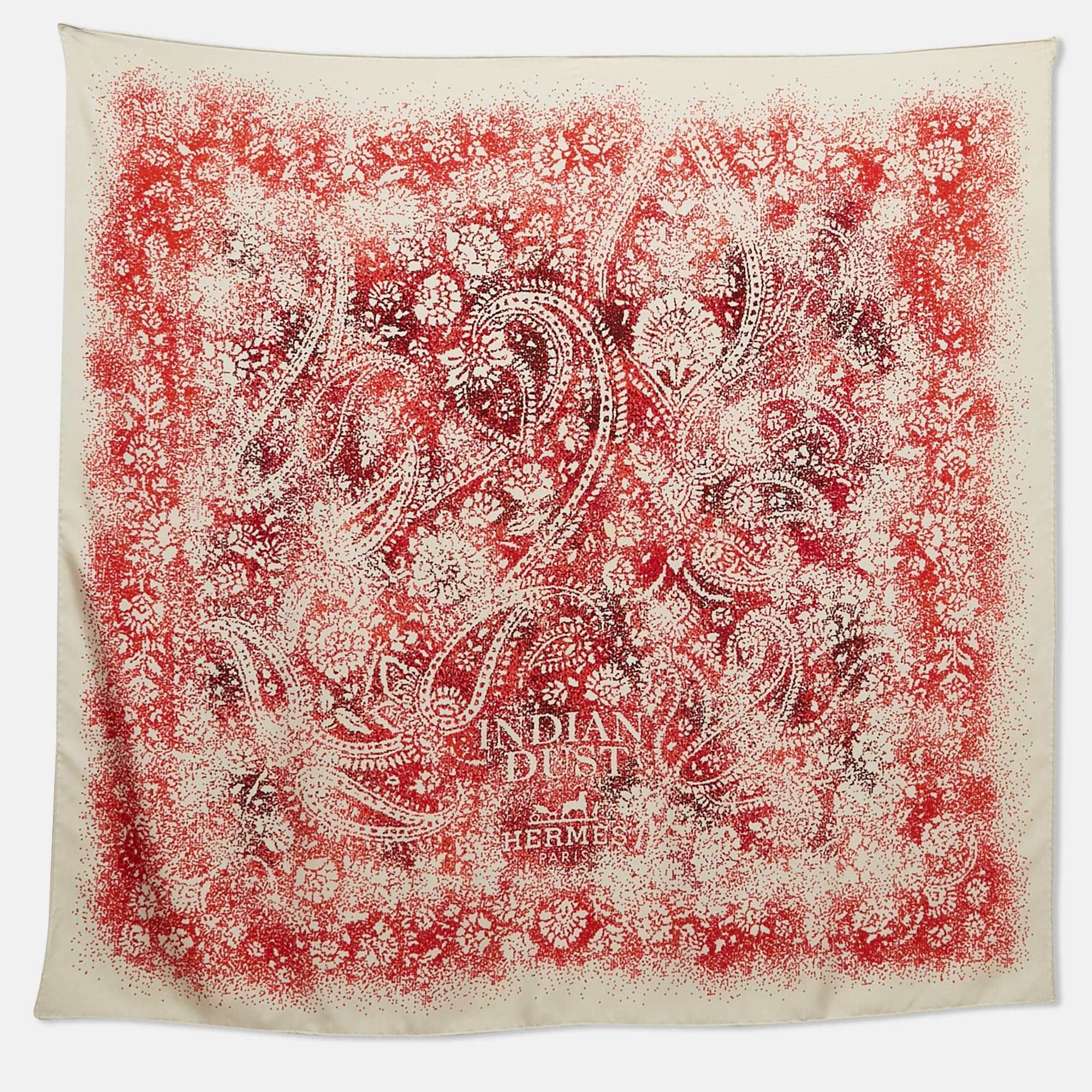 

Hermès White/Red Indian Dust Silk Scarf