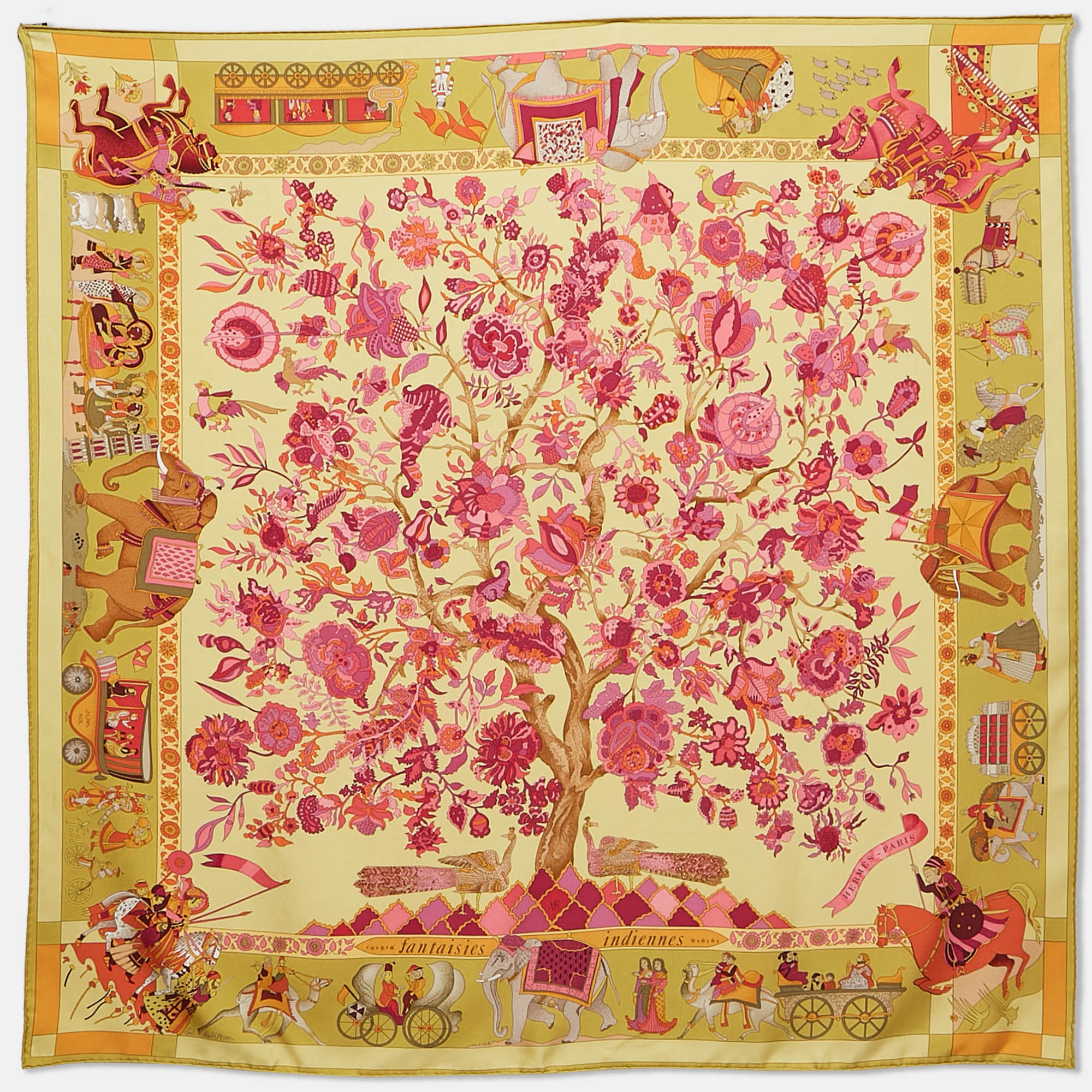 

Hermes Yellow/Pink Silk Fantaisies Indiennes Scarf