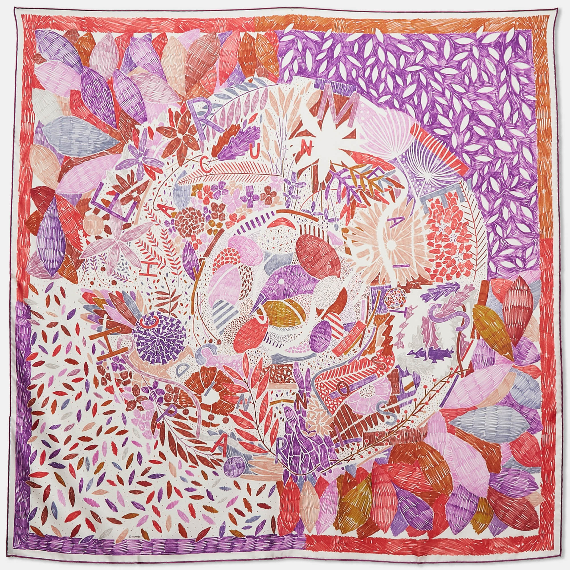 

Hermes Purple/Red Silk Chacun Fait Son Nid Scarf