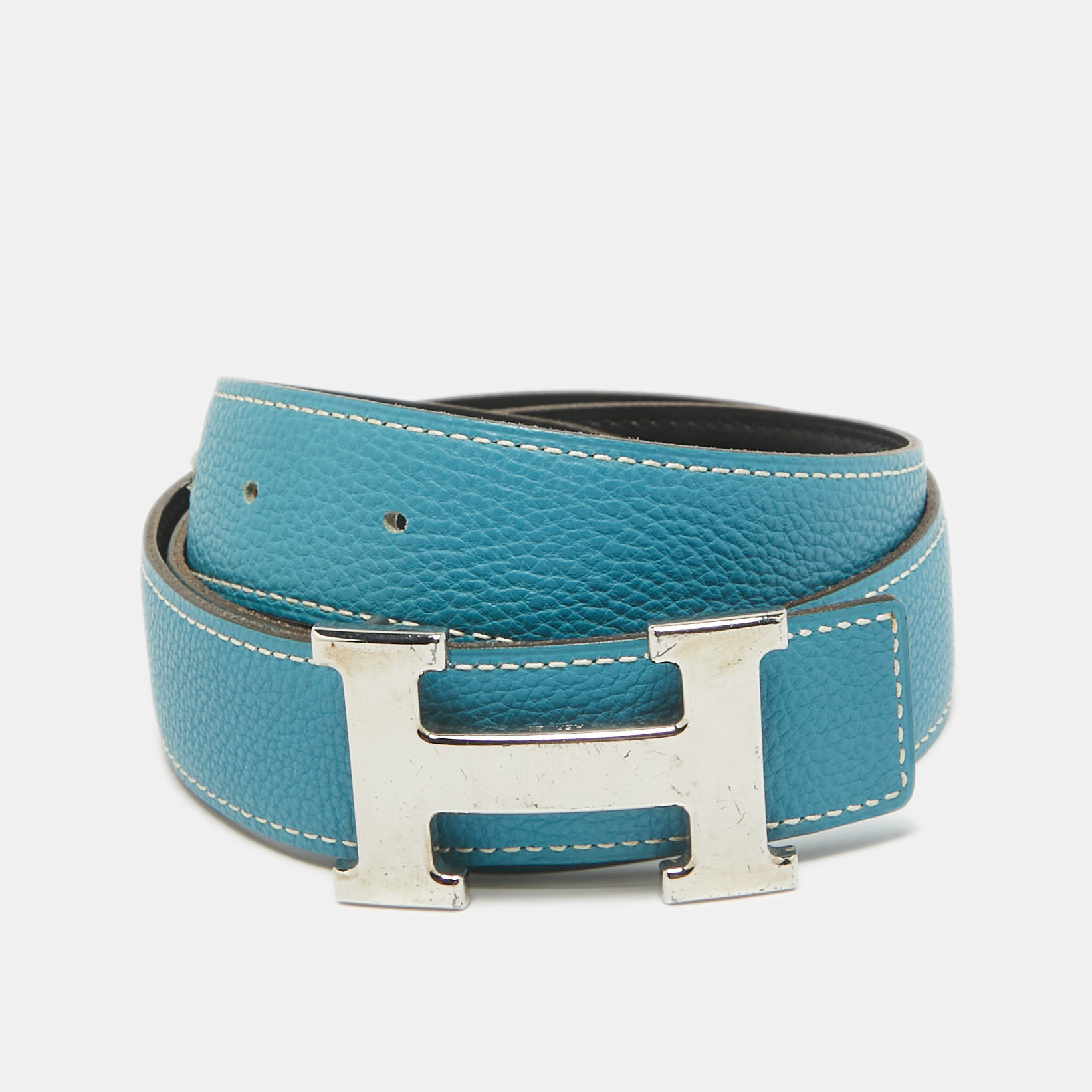 Pre-owned Hermes Bleu Jean/noir Togo And Chamonix Leather H Buckle Reversible Belt 78 Cm In Blue