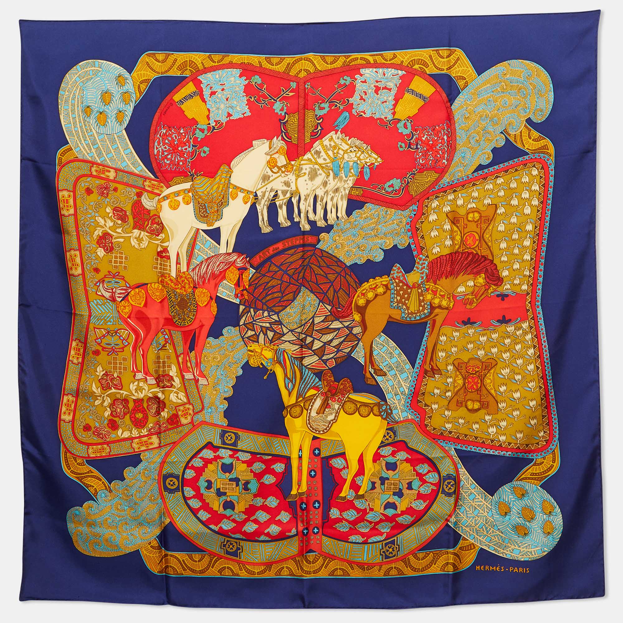 

Hermes Navy Blue Art Des Steppes Silk Scarf