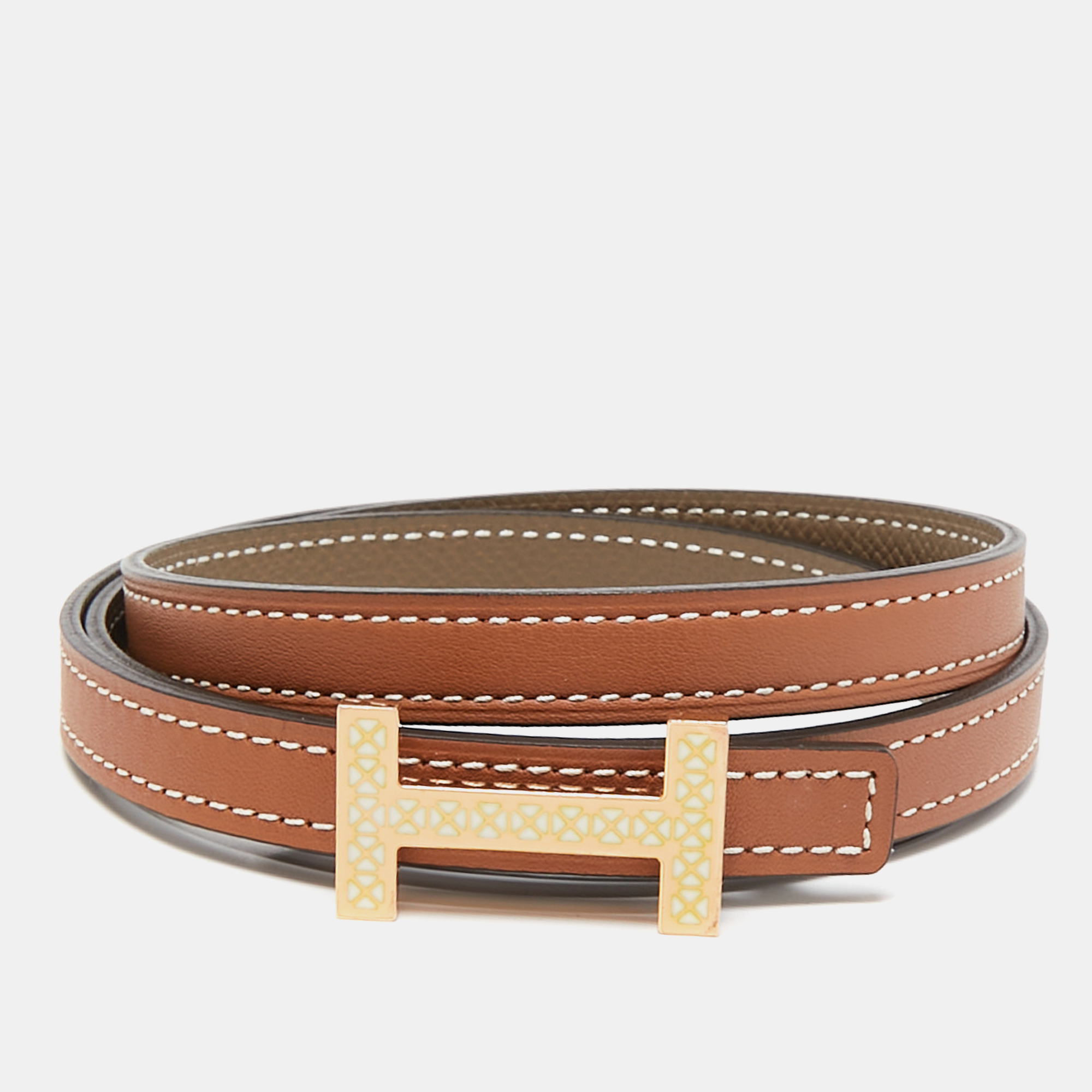 

Hermes Gold/Etoupe Swift and Epsom Leather Focus Medor Laquee Belt, Brown