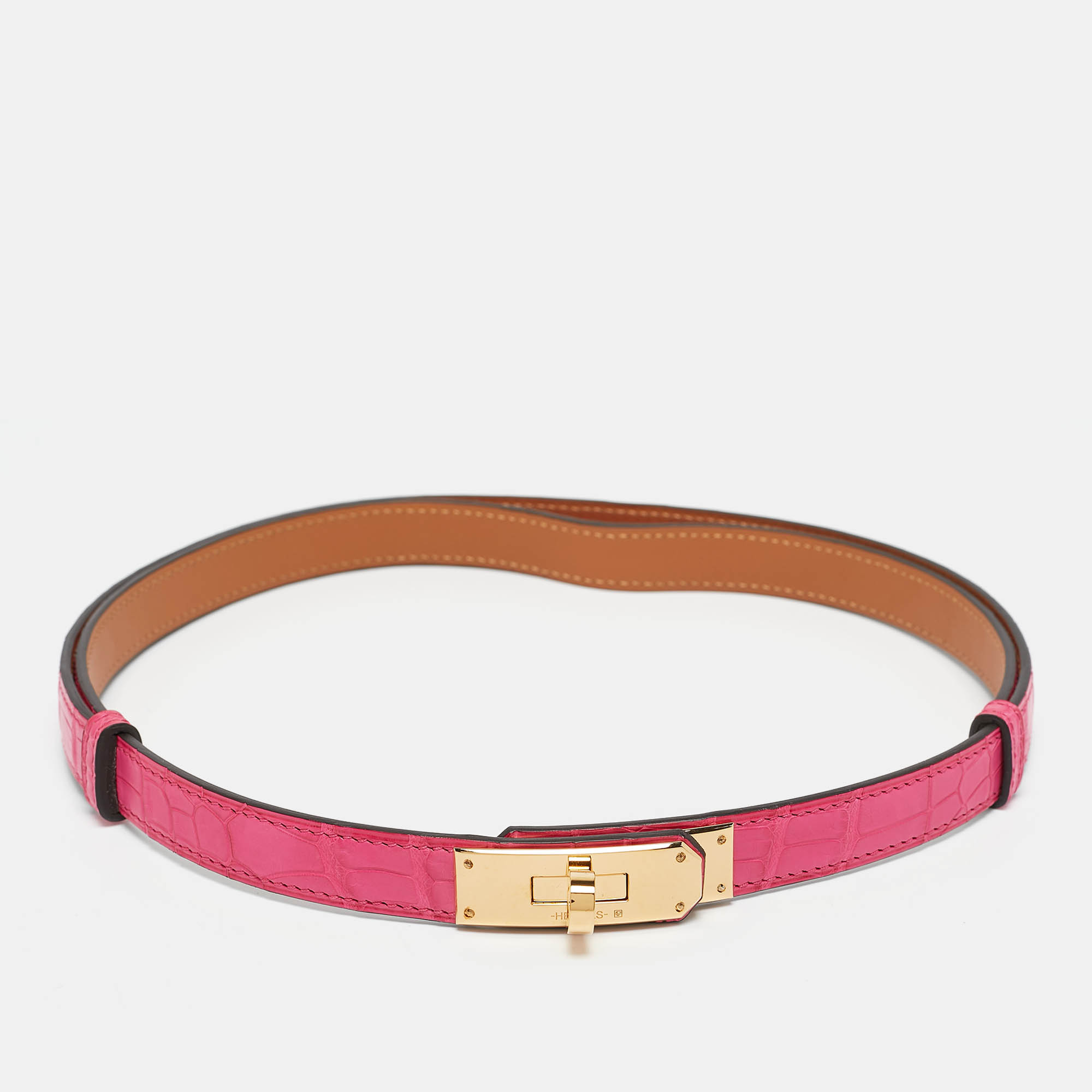 

Hermès Rose Shocking Alligator Gold Tone Finish Kelly 18 Belt Adjustable, Pink