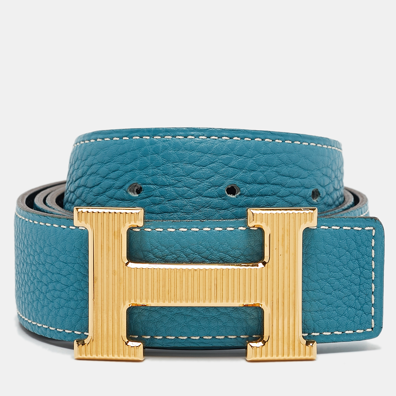 

Hermes Bleu Jean/Noir Togo and Chamonix Leather H Striee Buckle Reversible Belt, Blue