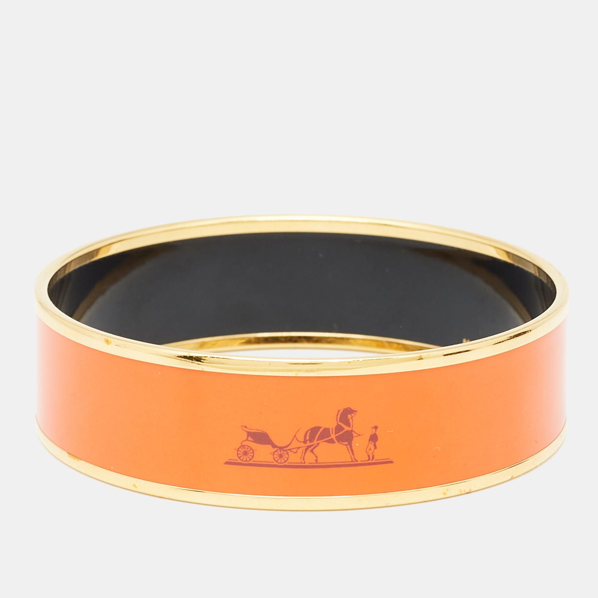 

Hermès Orange Enamel Printed Caleche Gold Tone Wide Bracelet