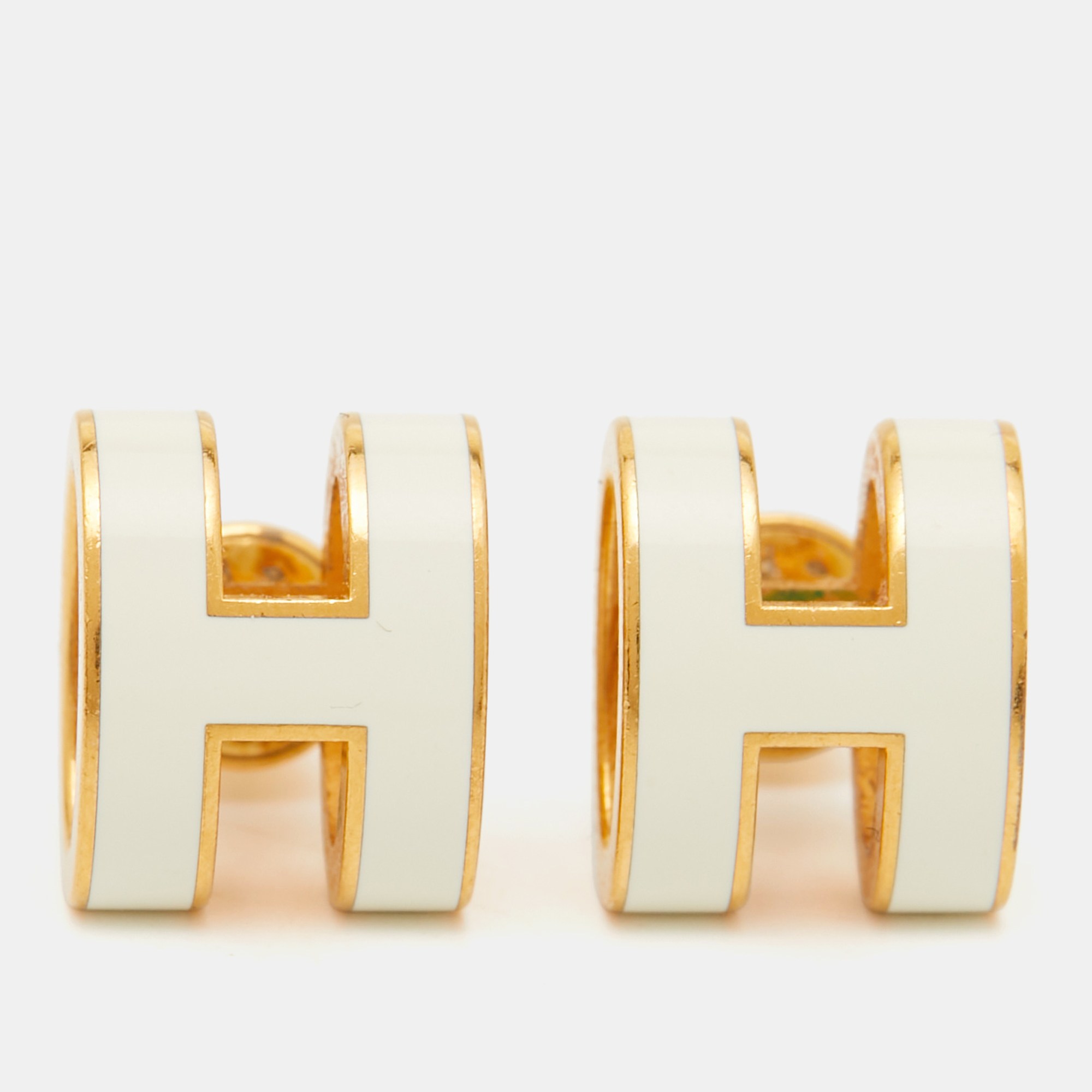 

Hermes Pop H White Enamel Gold Plated Earrings