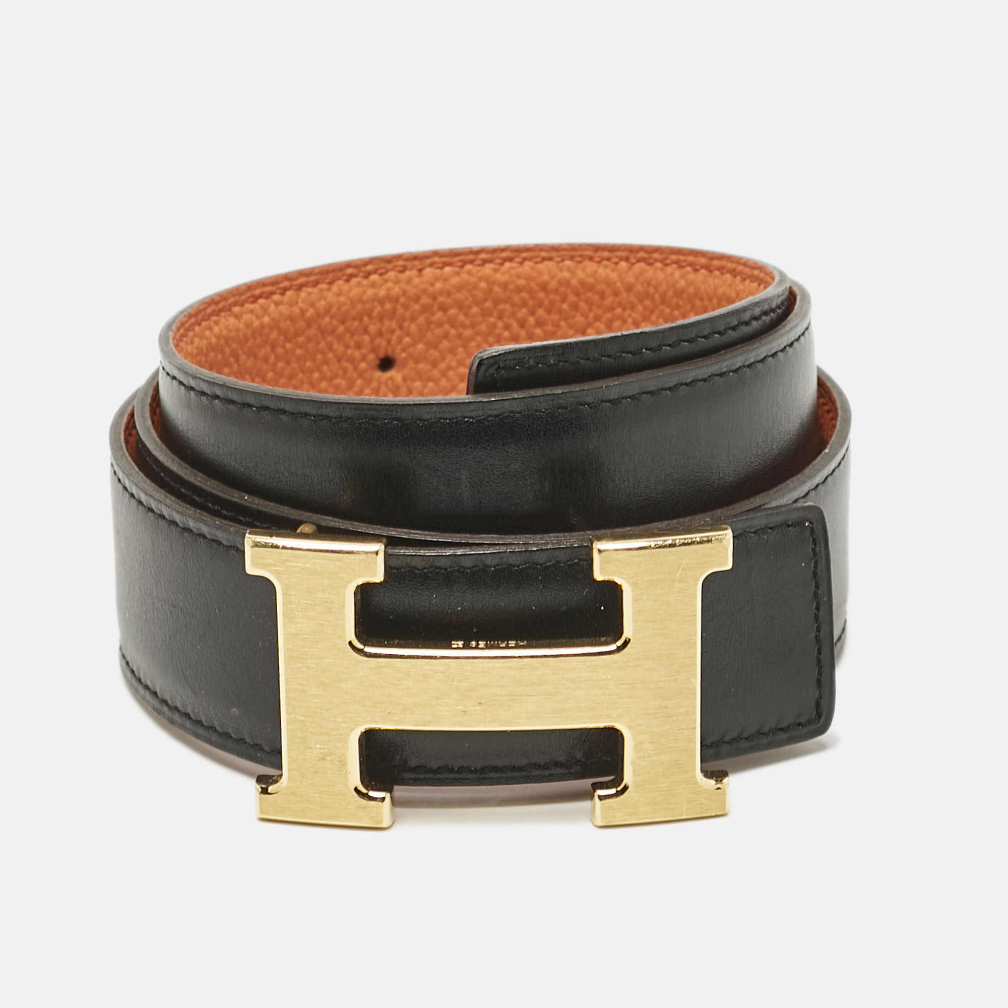 

Hermes Orange/Black Togo and Box Leather H Buckle Reversible Buckle Belt 75CM