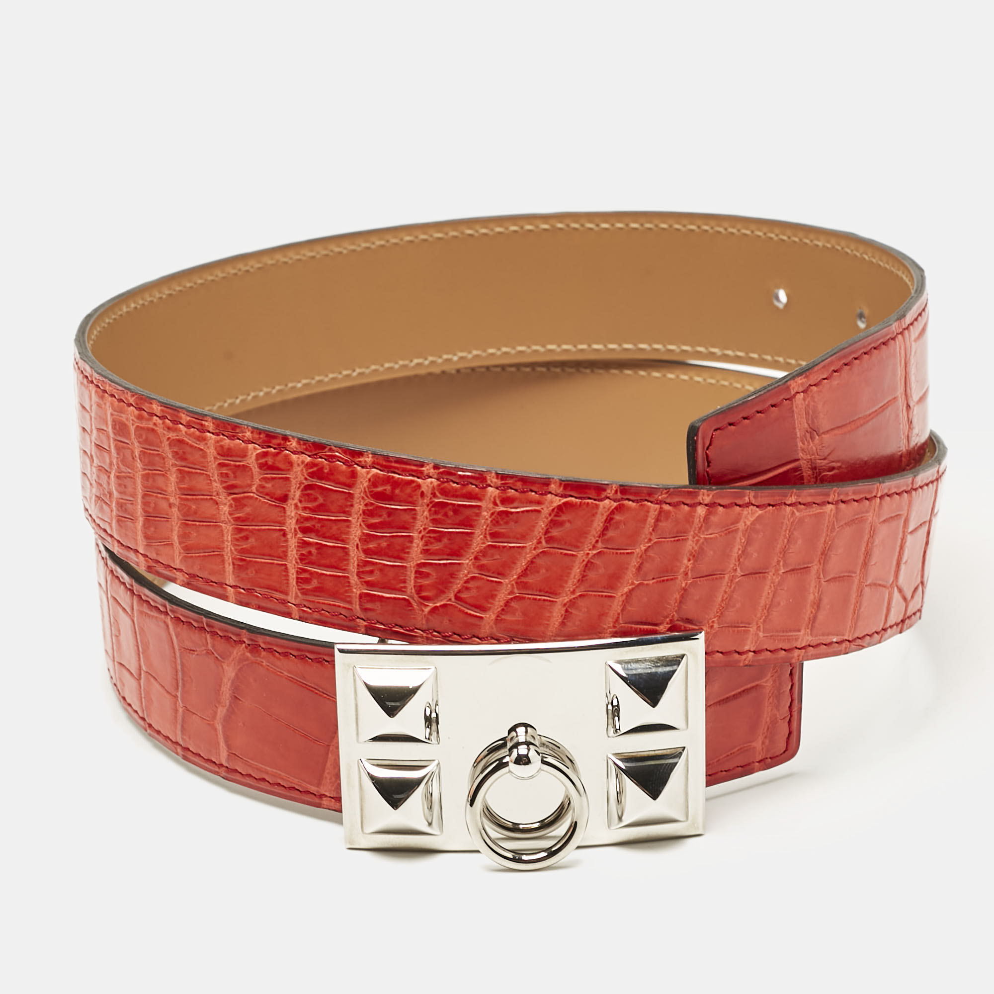 

Hermes Geranium Crocodile Porosus Collier De Chien Reversible Belt, Red