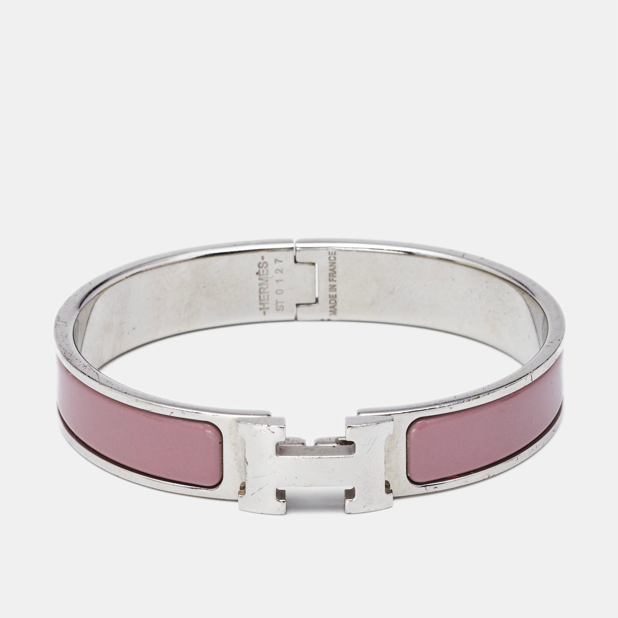 

Hermès Clic H Pink Enamel Palladium Plated Bracelet, White