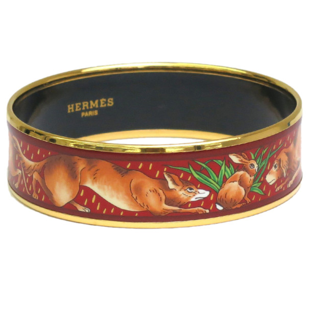 Pre Owned Hermes Wide Printed Enamel Gold-Plated Fox Design Bracelet 19CM