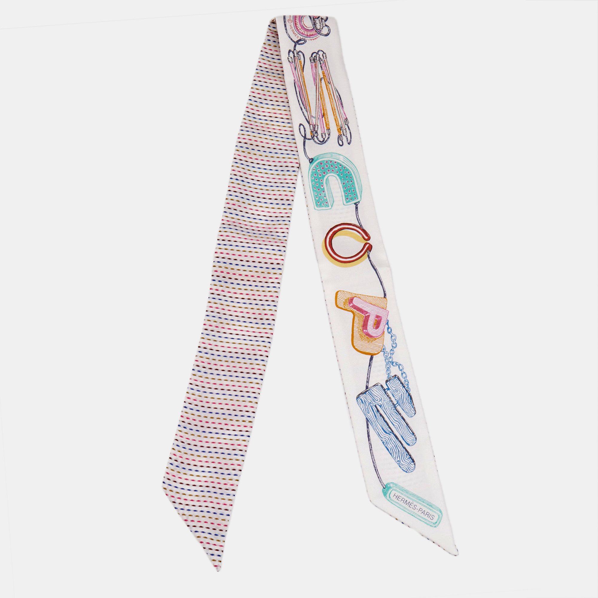 

Hermès White/Pink Silk Chevaloscope Pointille Twilly
