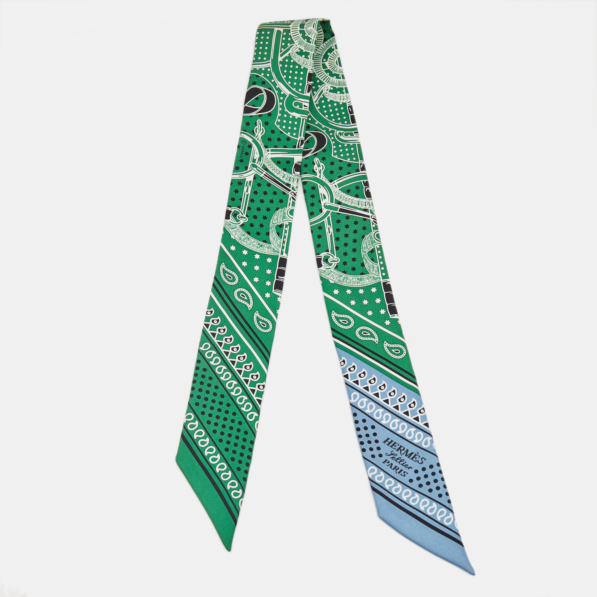 

Hermes Green & Blue Printed Silk Twilly