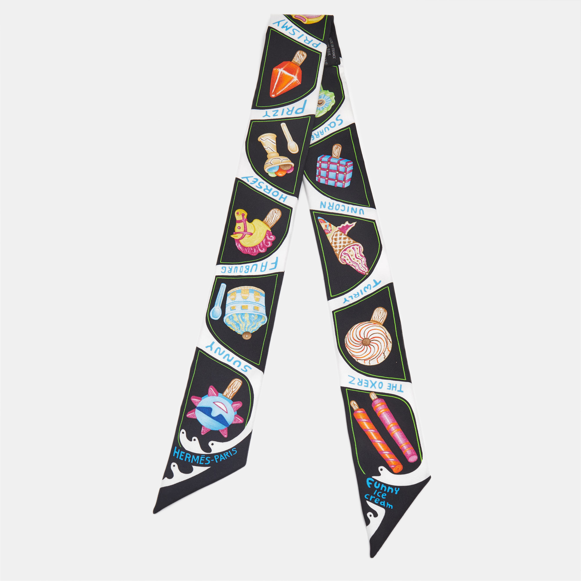 

Hermes Black Funny Ice Cream Printed Silk Twilly