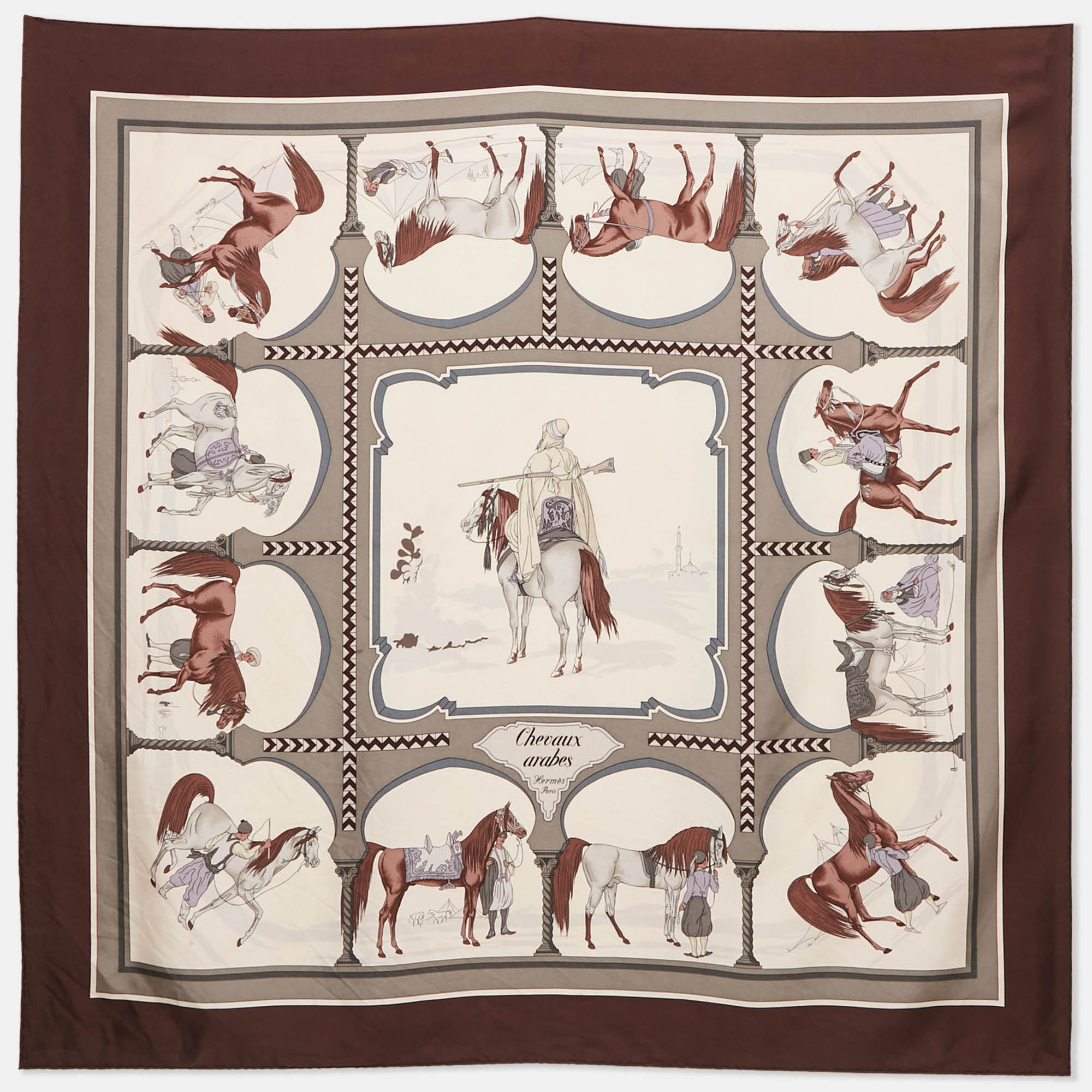 

Hermès Burgundy Chevaux Arabes Silk Scarf