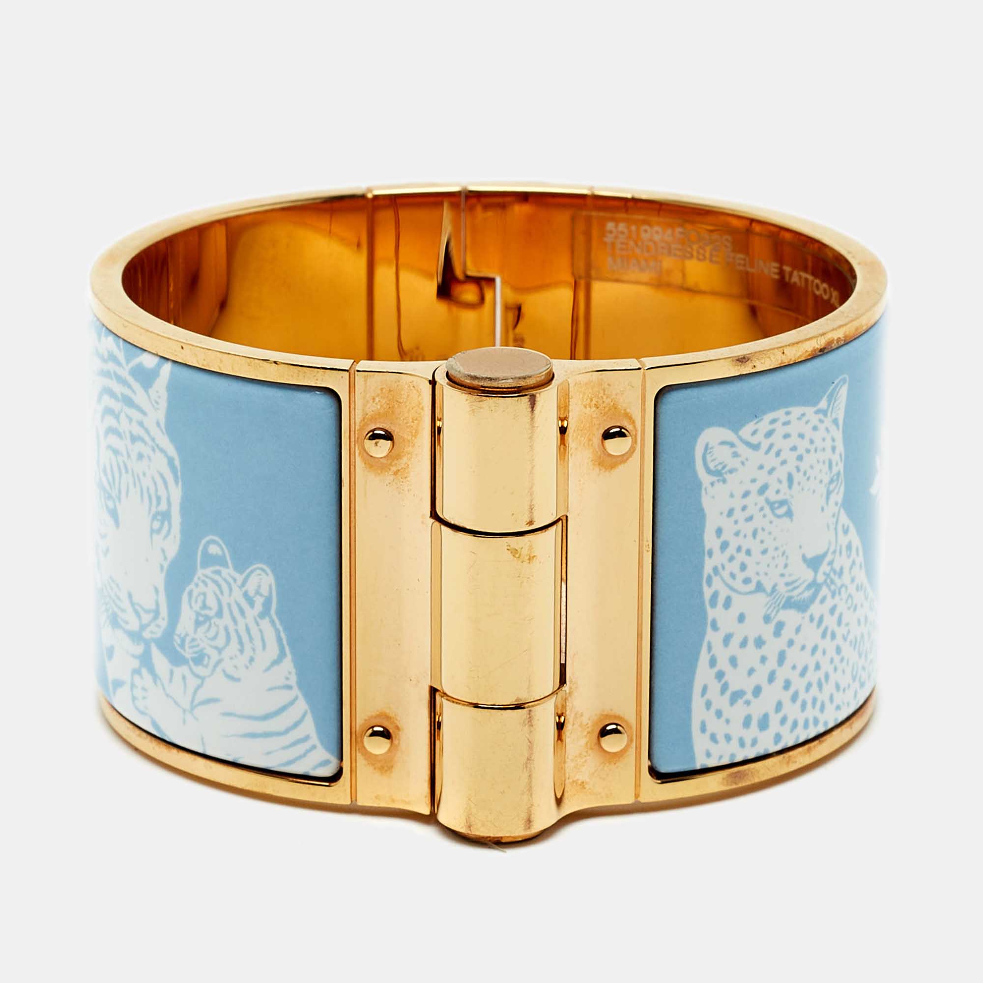 

Hermès Tendresse Feline Tattoo Enamel Gold Plated Wide Hinged Bangle Bracelet