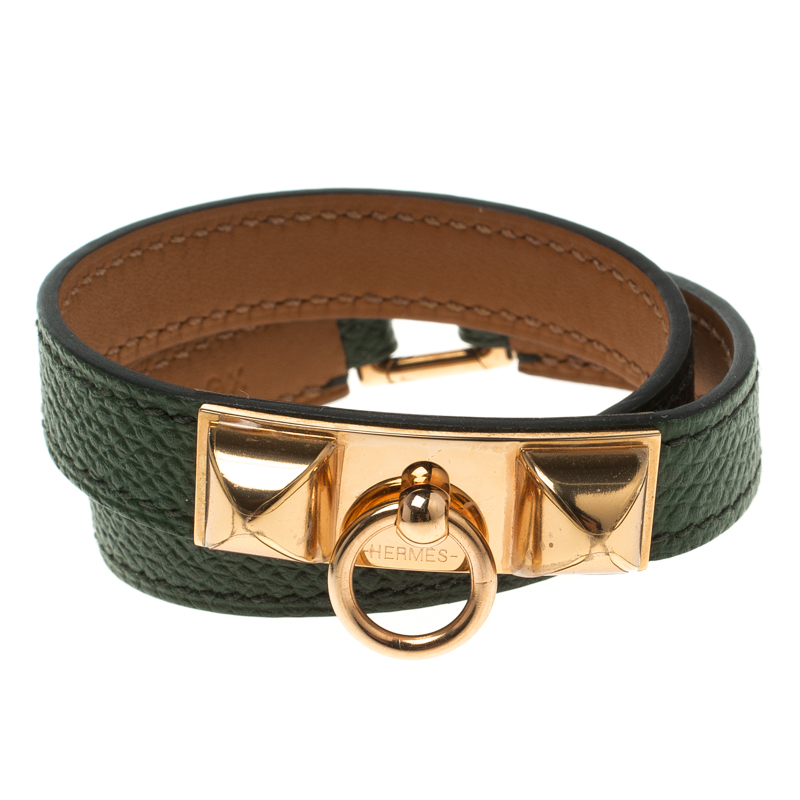 Hermes Rivale Double Tour Bottle Green Leather Rose Gold Plated Bracelet