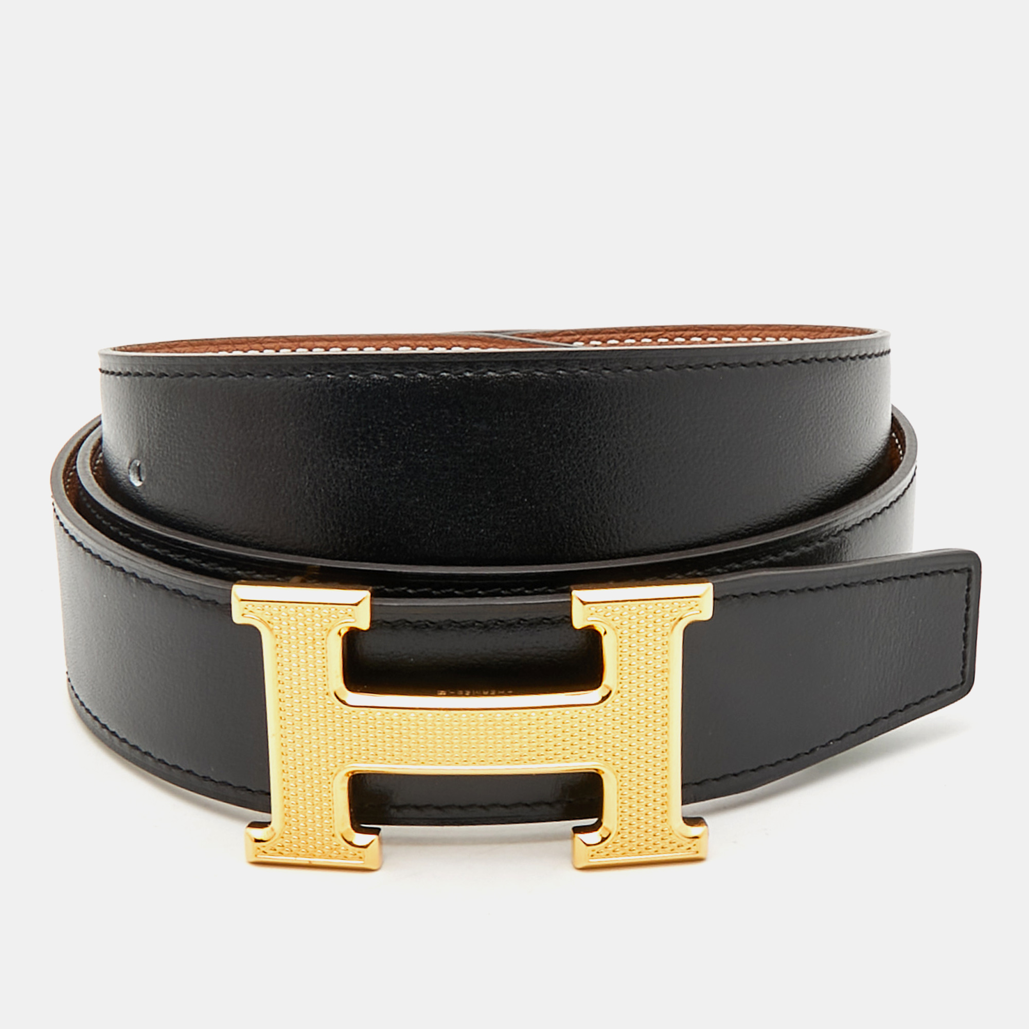 

Hermès Noir/Gold Box and Togo Leather Guilloche H Buckle Reversible Belt, Black