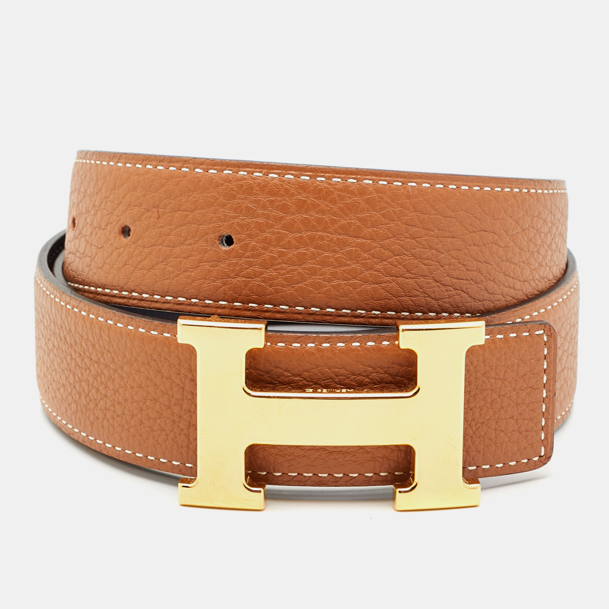 Pre-owned Hermes Gold/black Epsom And Box Leather H Buckle Reversible Belt 85cm