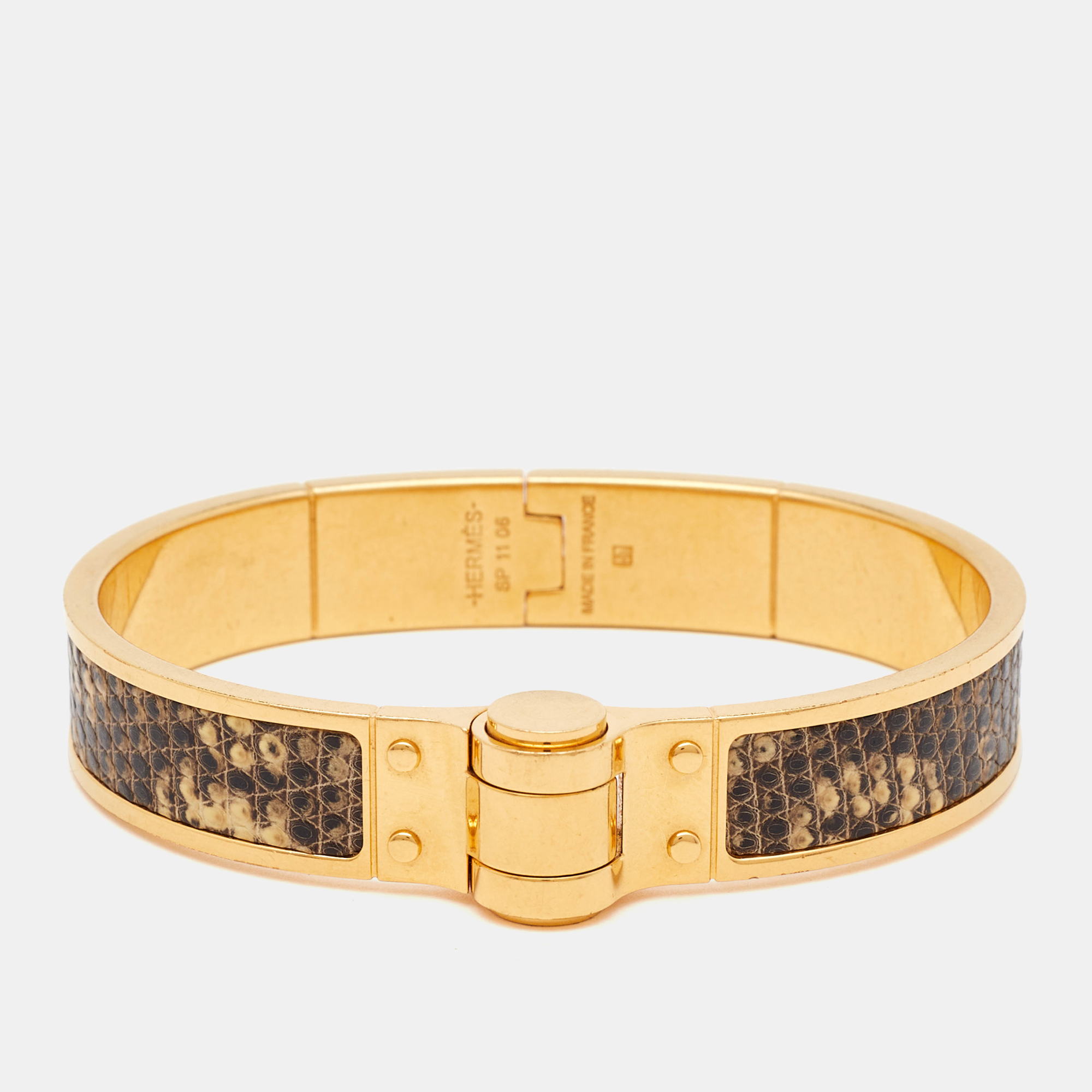 Hermes Lizard Skin Gold Plated Narrow Hinged Bangle Bracelet