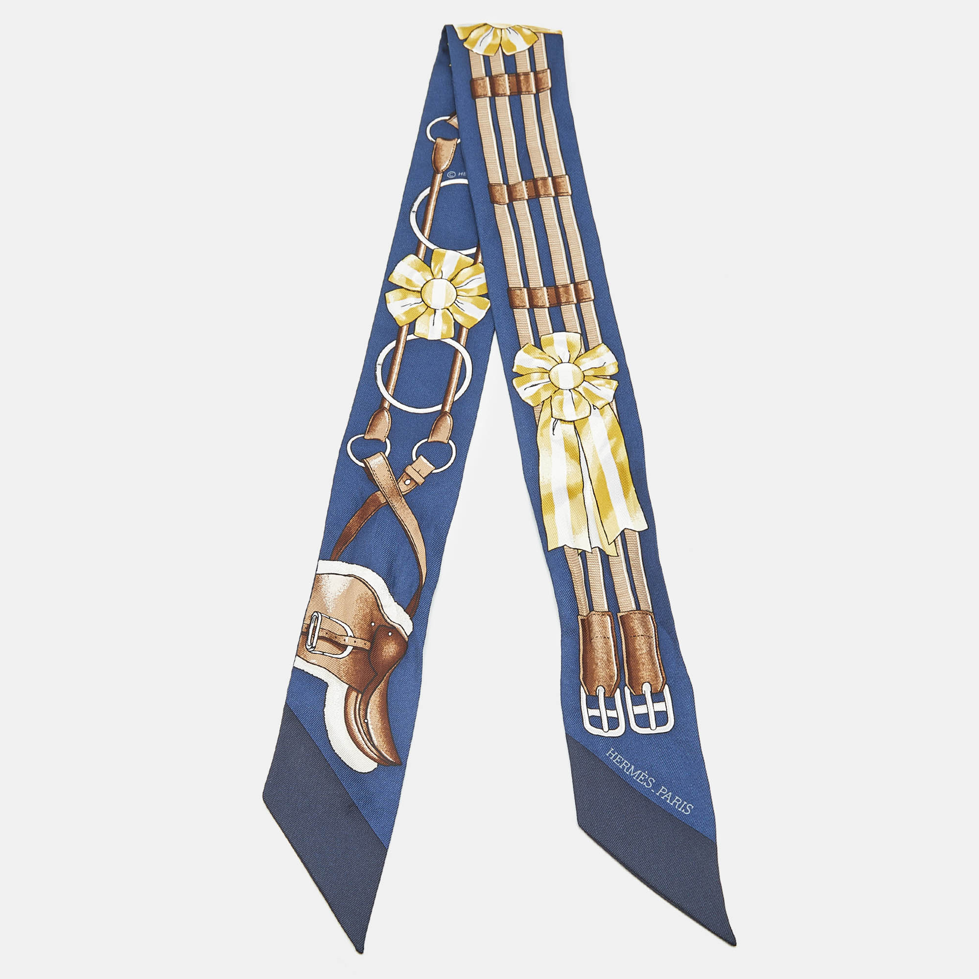 

Hermes Marine Blue Printed Silk Jumping Twilly