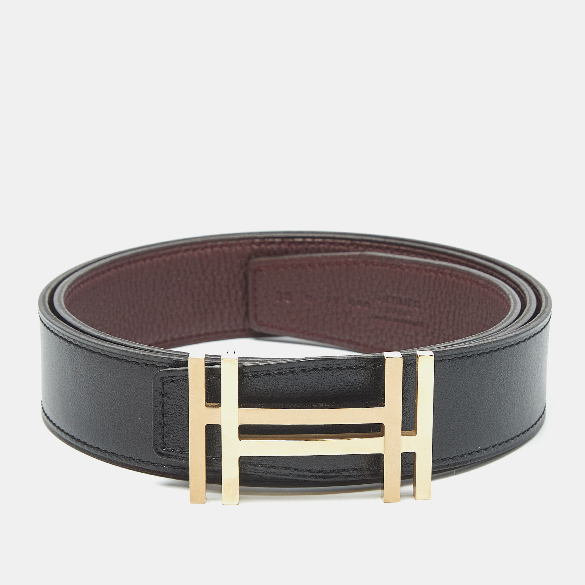 

Hermes Noir/Bordeaux Box and Togo Leather H Au Carre Reversible Belt, Black