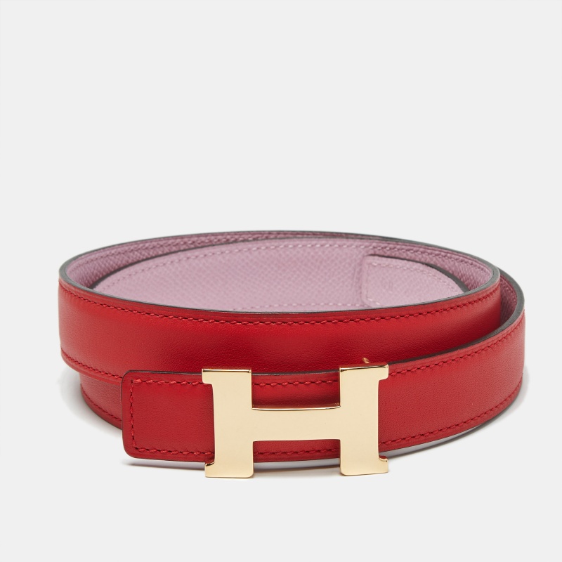 Pre-owned Hermes Rouge Coeur/mauve Sylvestre Swift And Epsom Leather Constance Reversible Slim Belt 80 Cm In Red