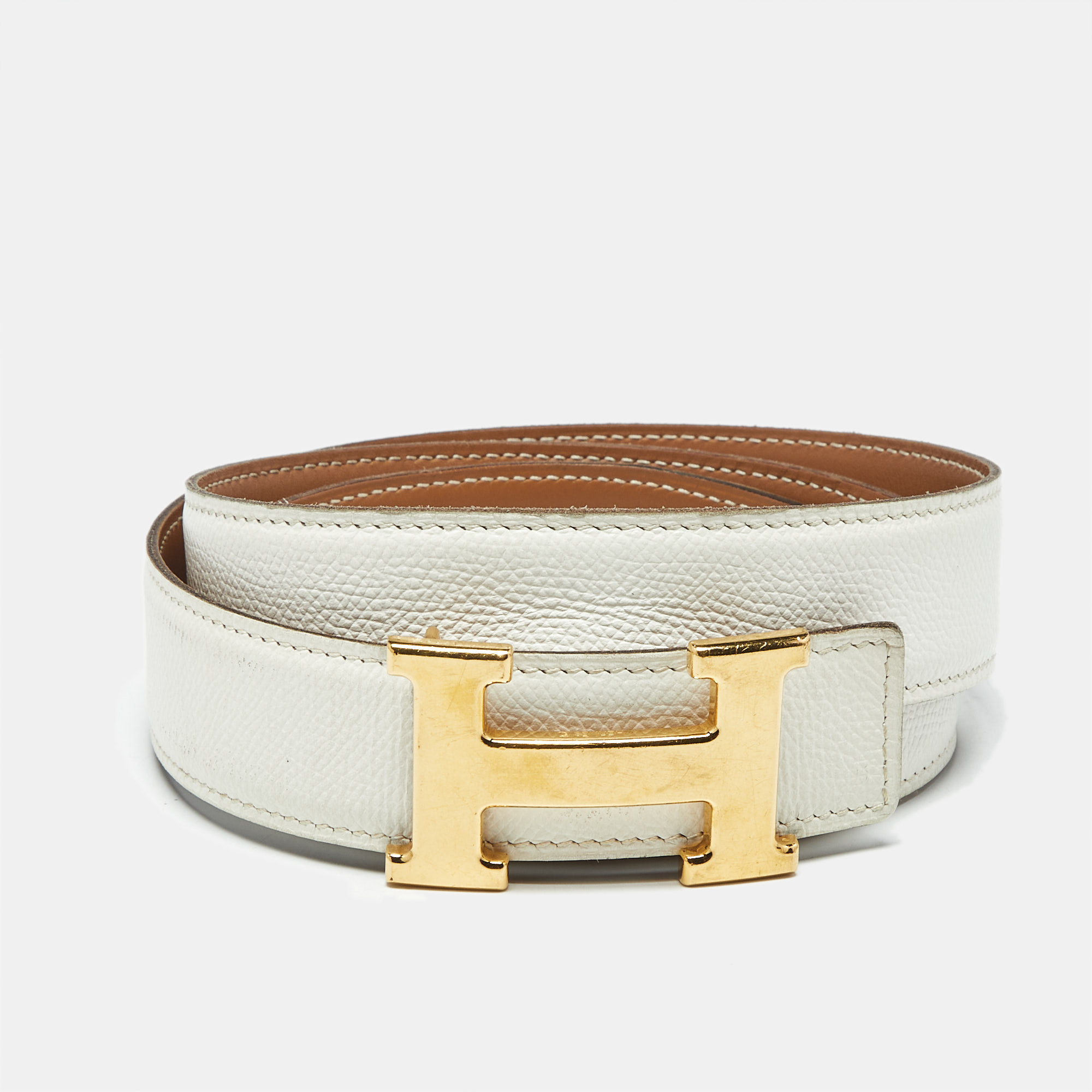

Hermès Blanc Epsom Leather H Buckle Belt, White