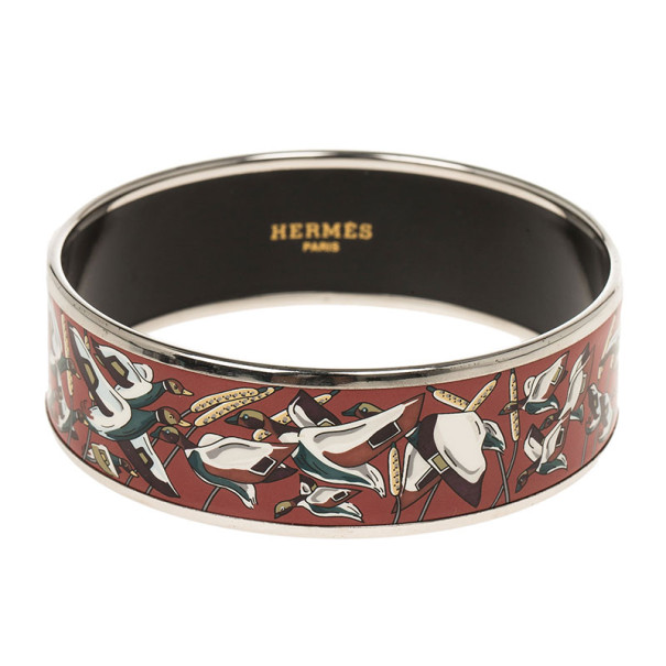 Pre Owned Hermes Wide Printed Enamel Palladium-Plated Duck Design Bracelet 19CM