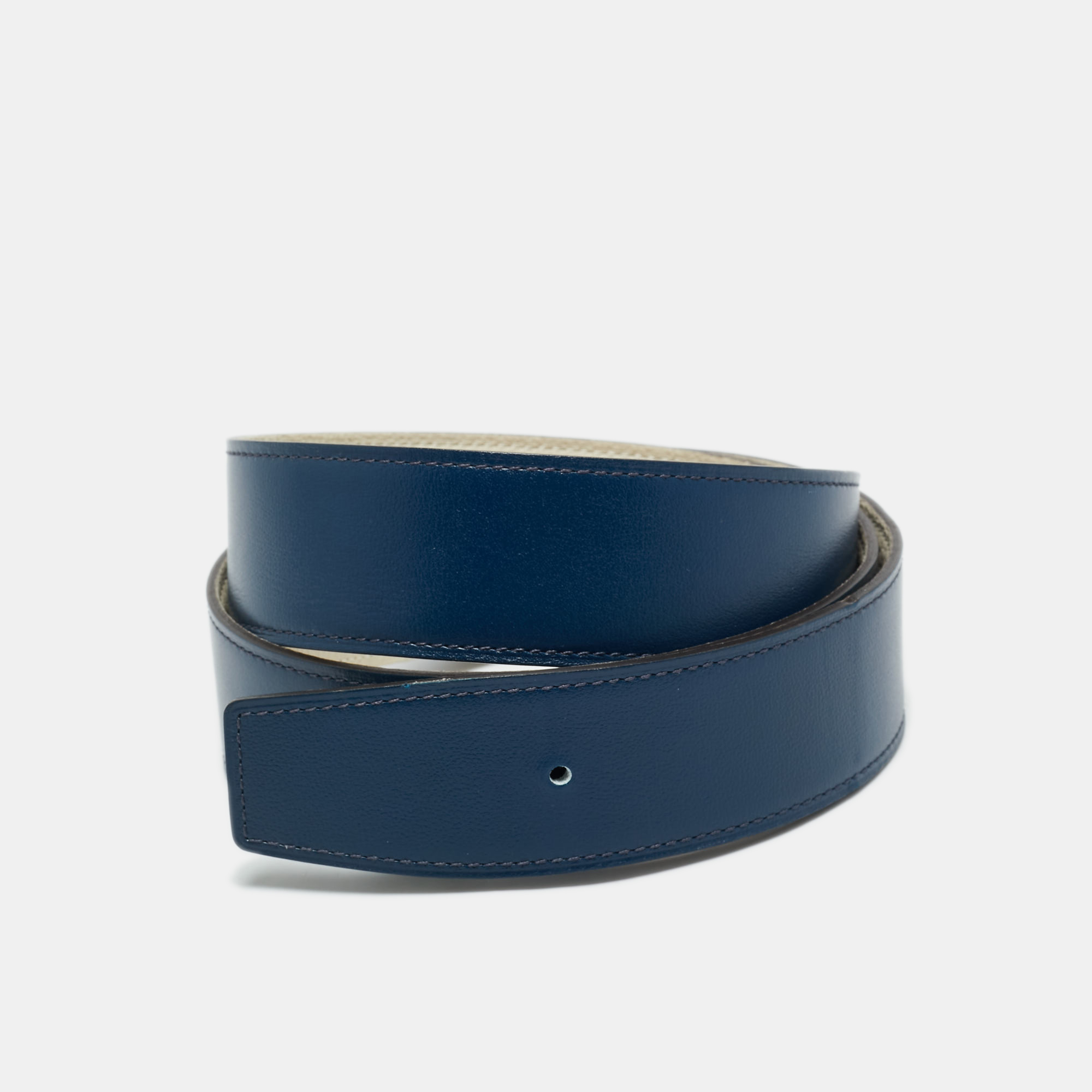 Pre-owned Hermes Bleu De Malte/craie Box And Togo Leather Reversible Belt Strap 95 Cm In Blue