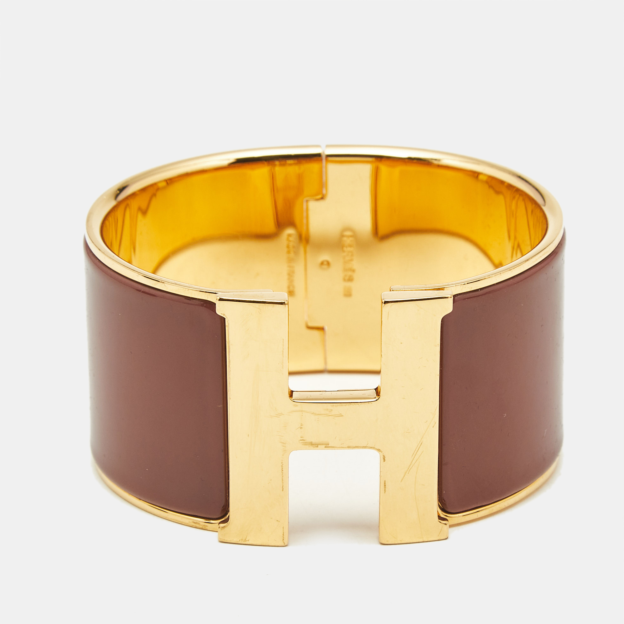 

Hermès Clic Clac H Brown Enamel Gold Plated Extra Wide Bracelet