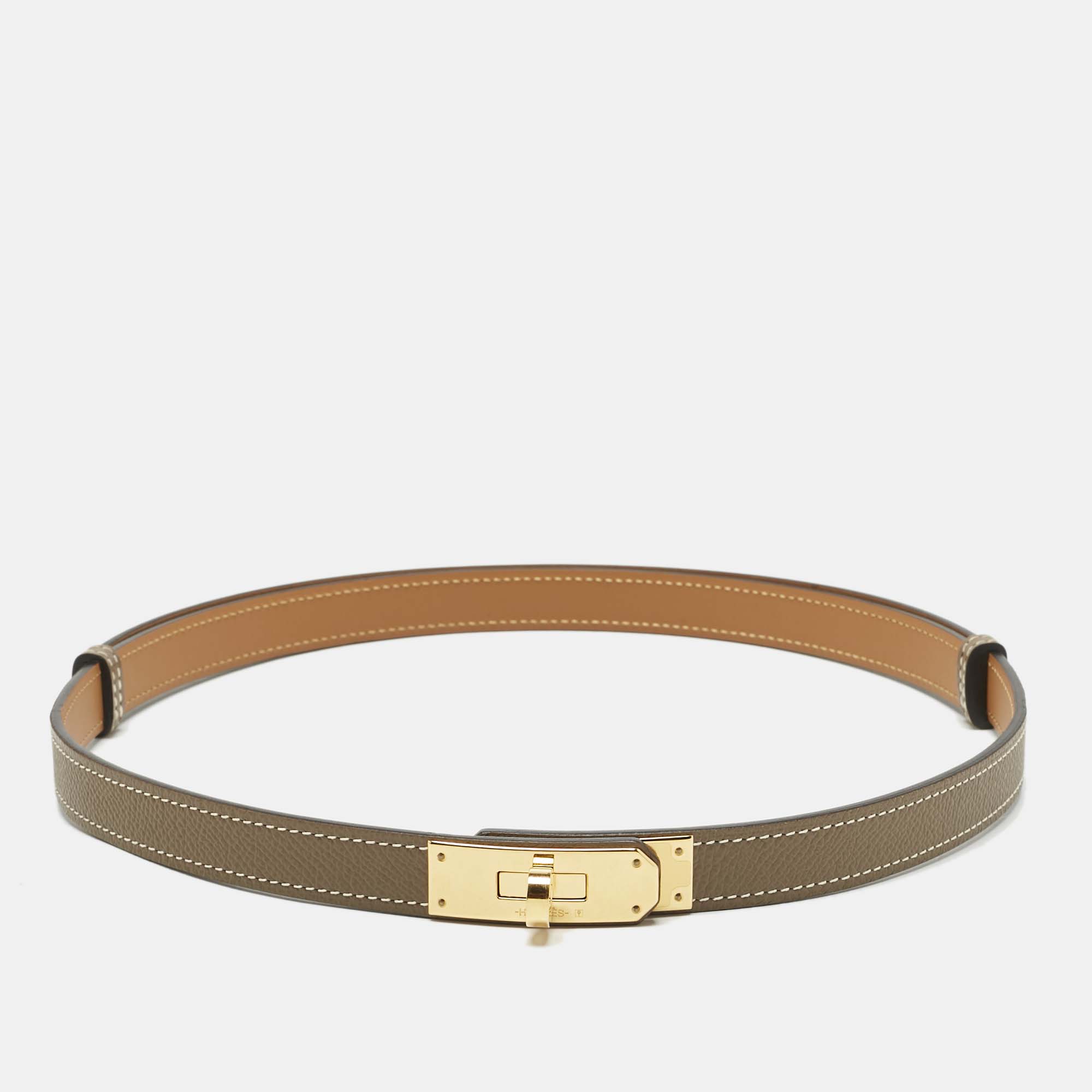 

Hermes Etoupe Epsom Leather Gold Finish Kelly 18 Adjustable Belt, Grey
