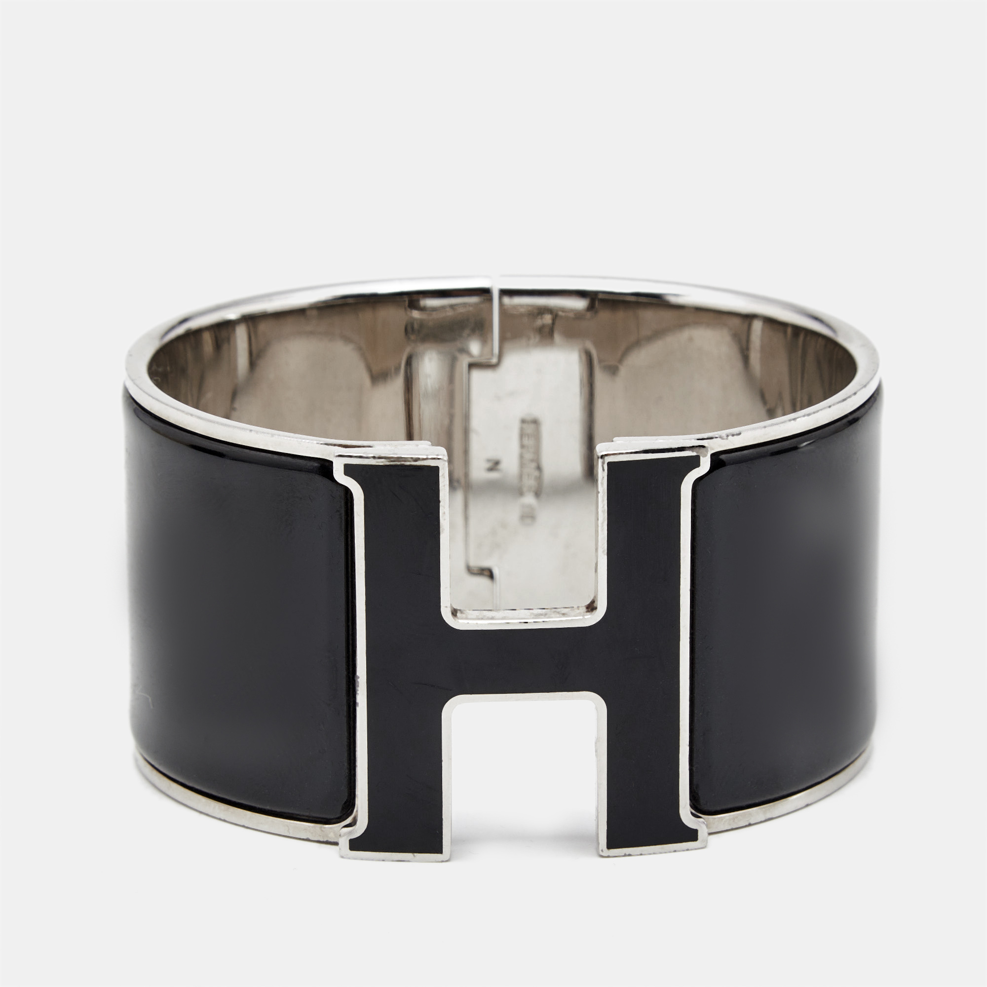 Pre-owned Hermes Hermès Clic Clac H Black Enamel Palladium Plated Bracelet